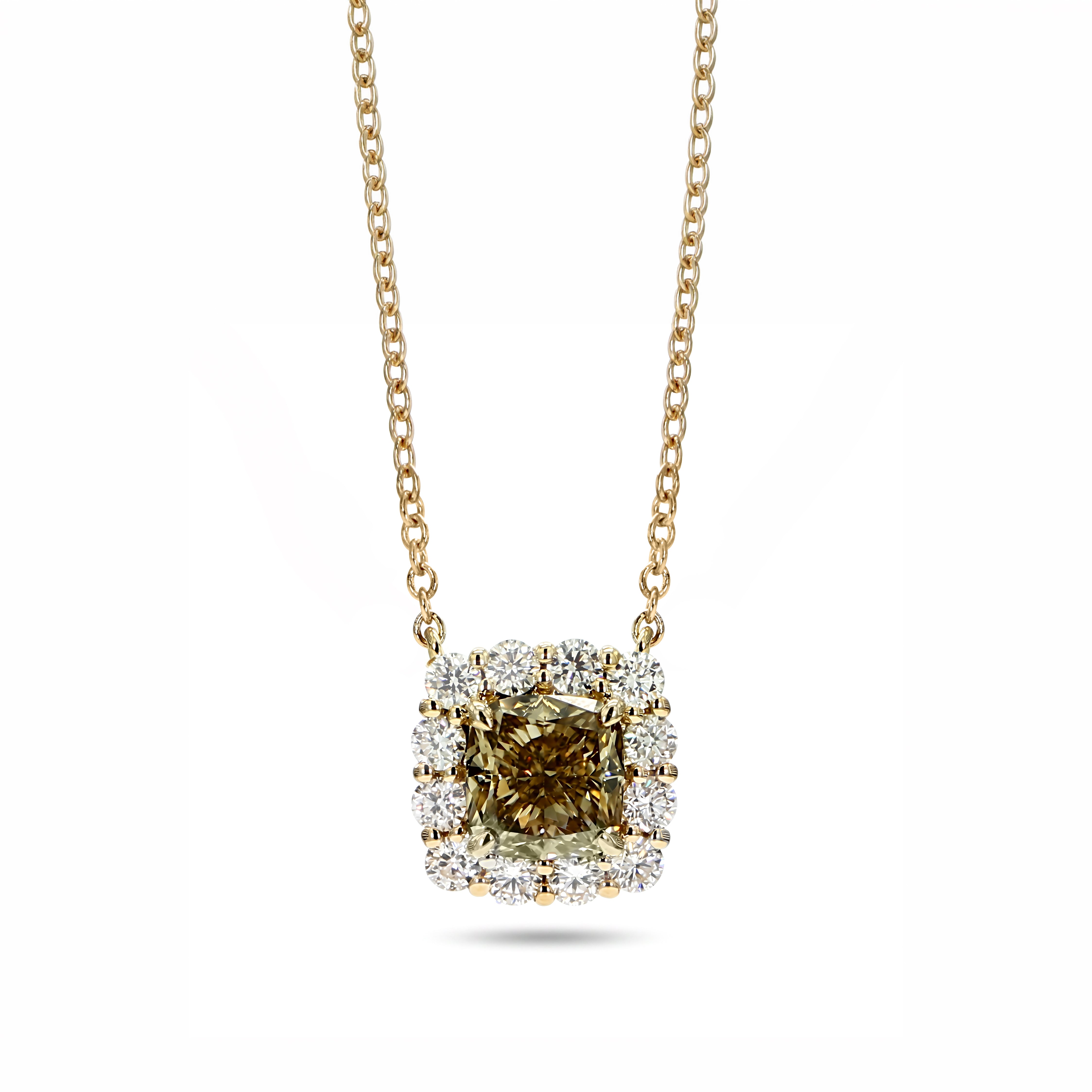 Natural Green Cushion Diamond Halo Necklace | GIA Certified