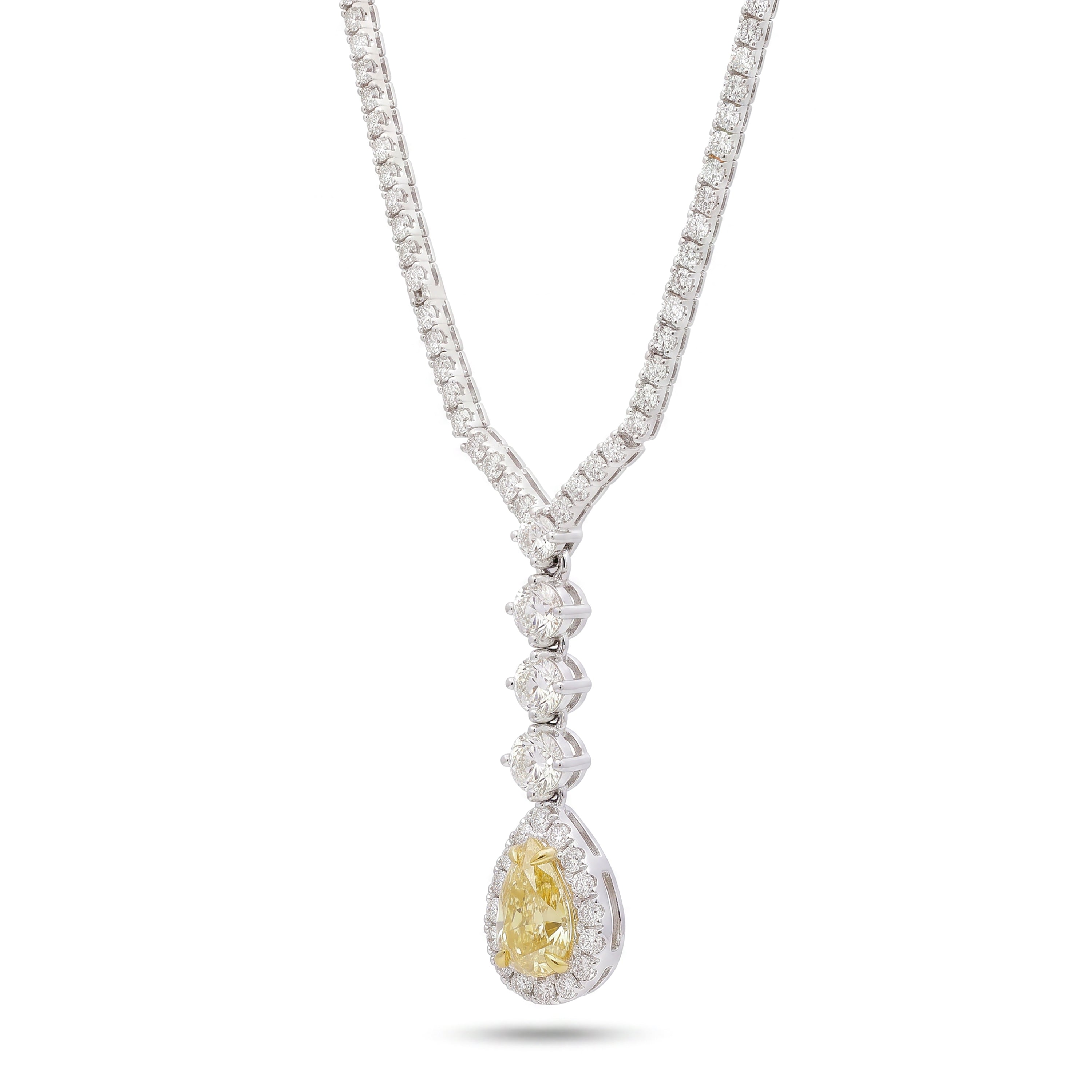 Natural Yellow Pear Diamond Halo Drop Necklace | GIA Certified