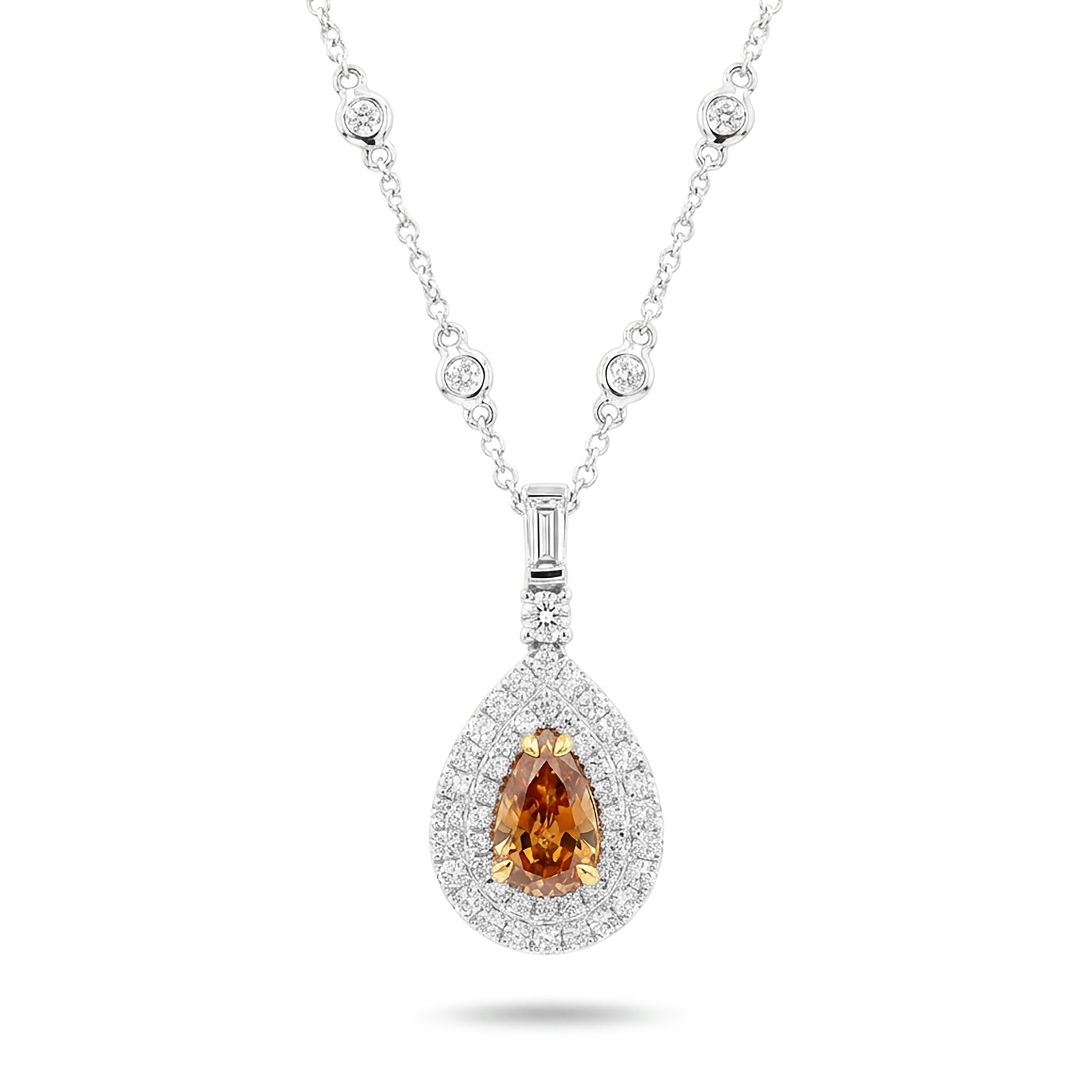 Natural Orange Pear Diamond Halo Drop Pendant | GIA Certified
