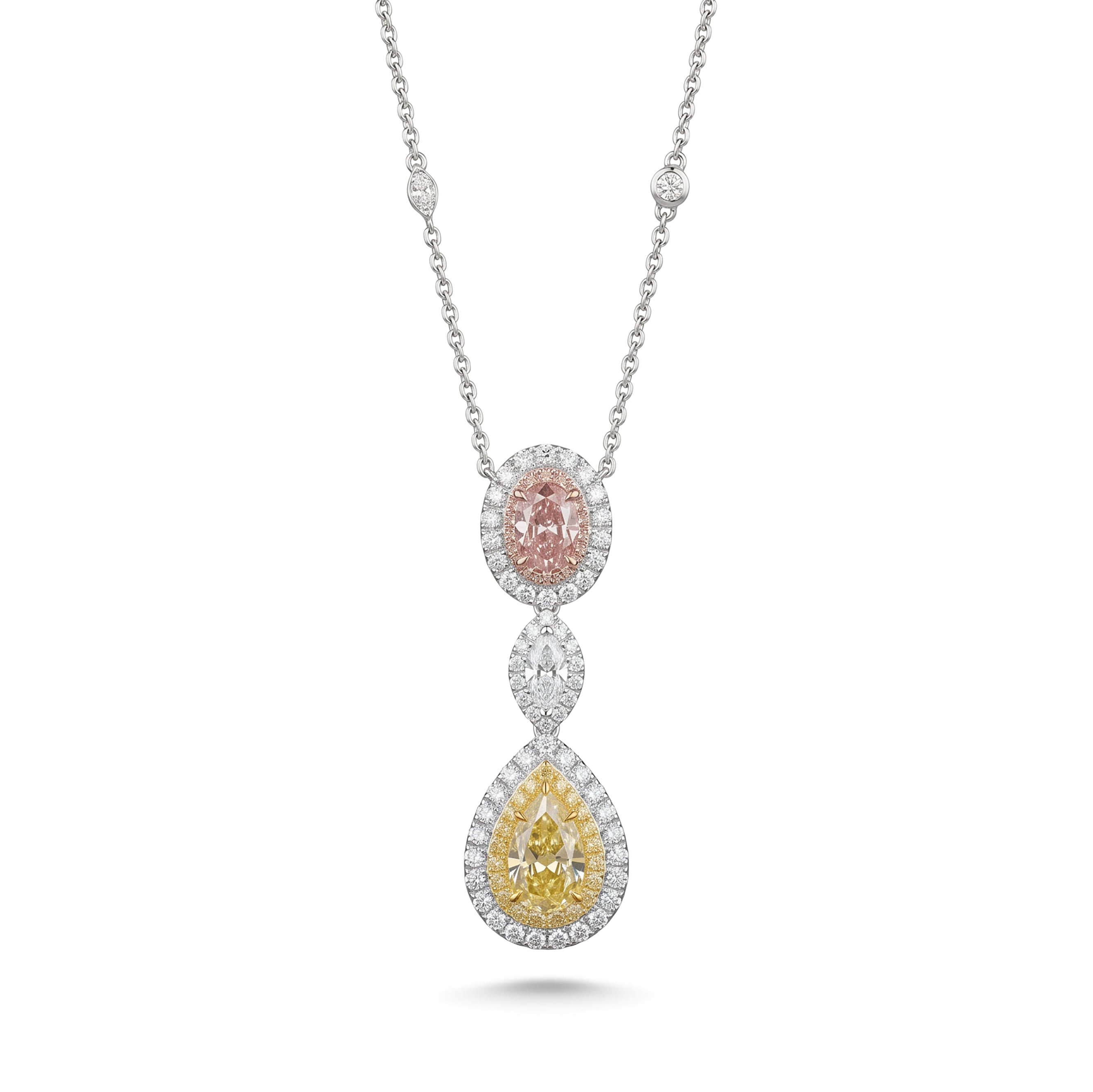 Natural Yellow Pear & Pink Oval Diamond Halo Drop Pendant | GIA Certified