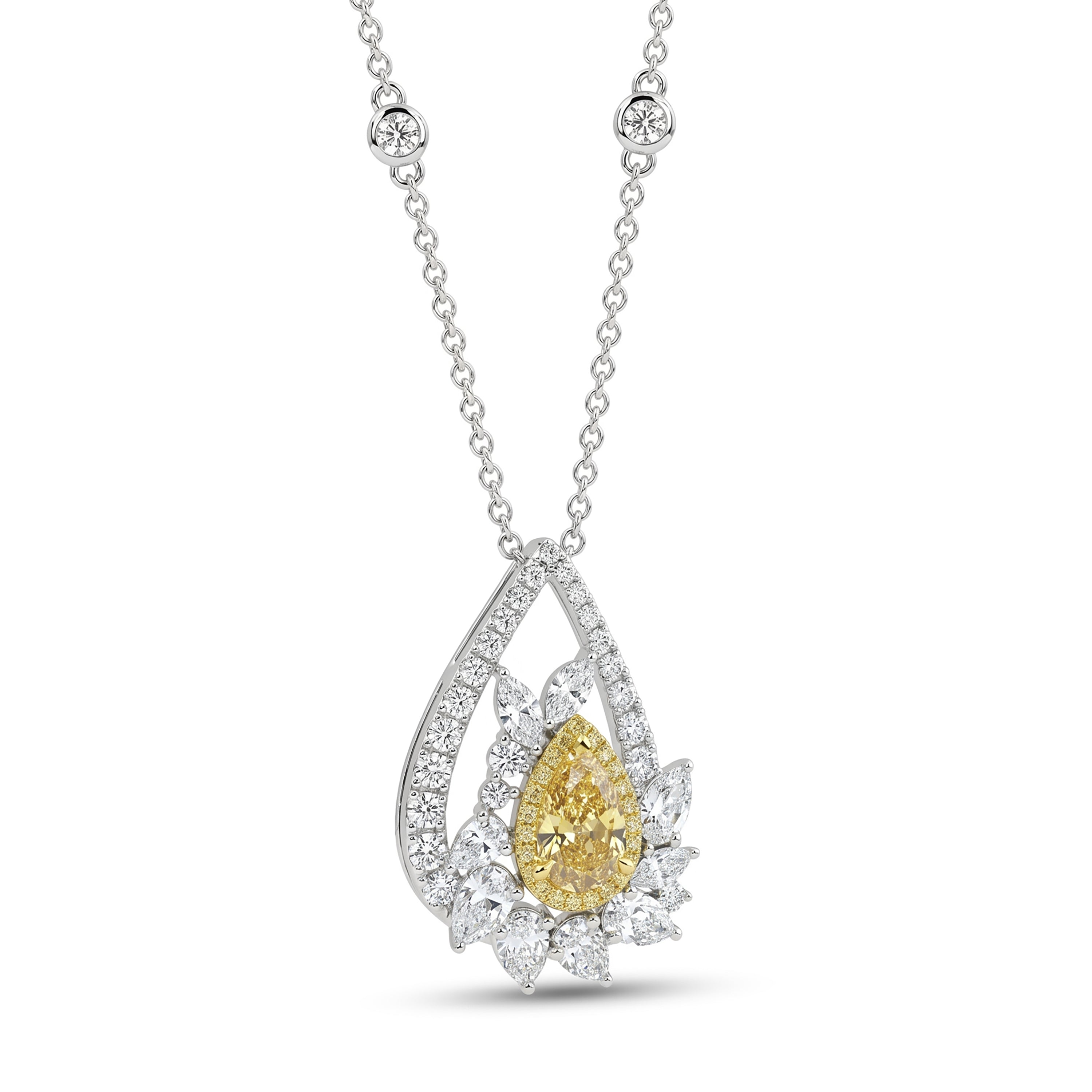 Natural Yellow Pear Diamond Halo Necklace | GIA Certified
