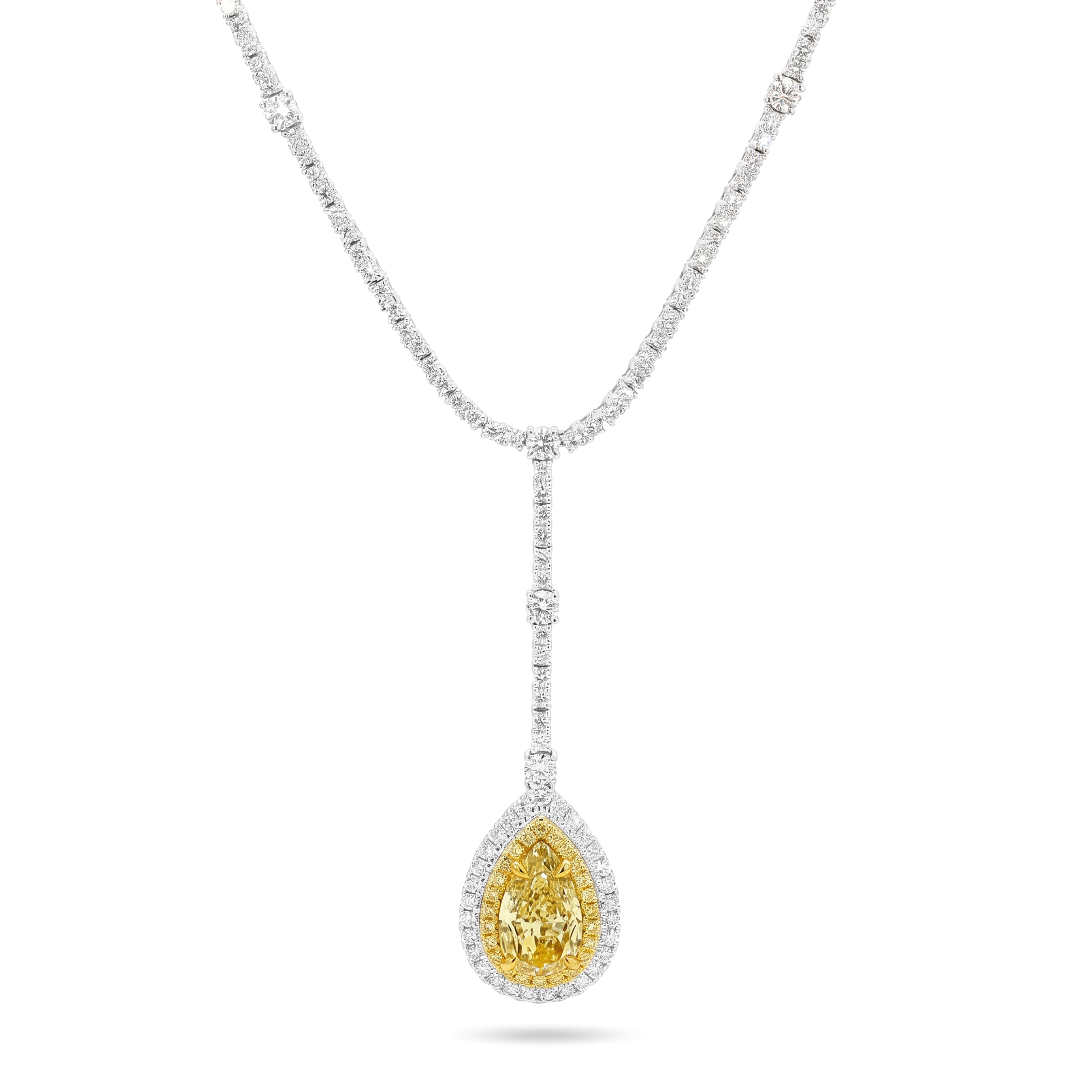Natural Yellow Pear Diamond Halo Drop Necklace | GIA Certified