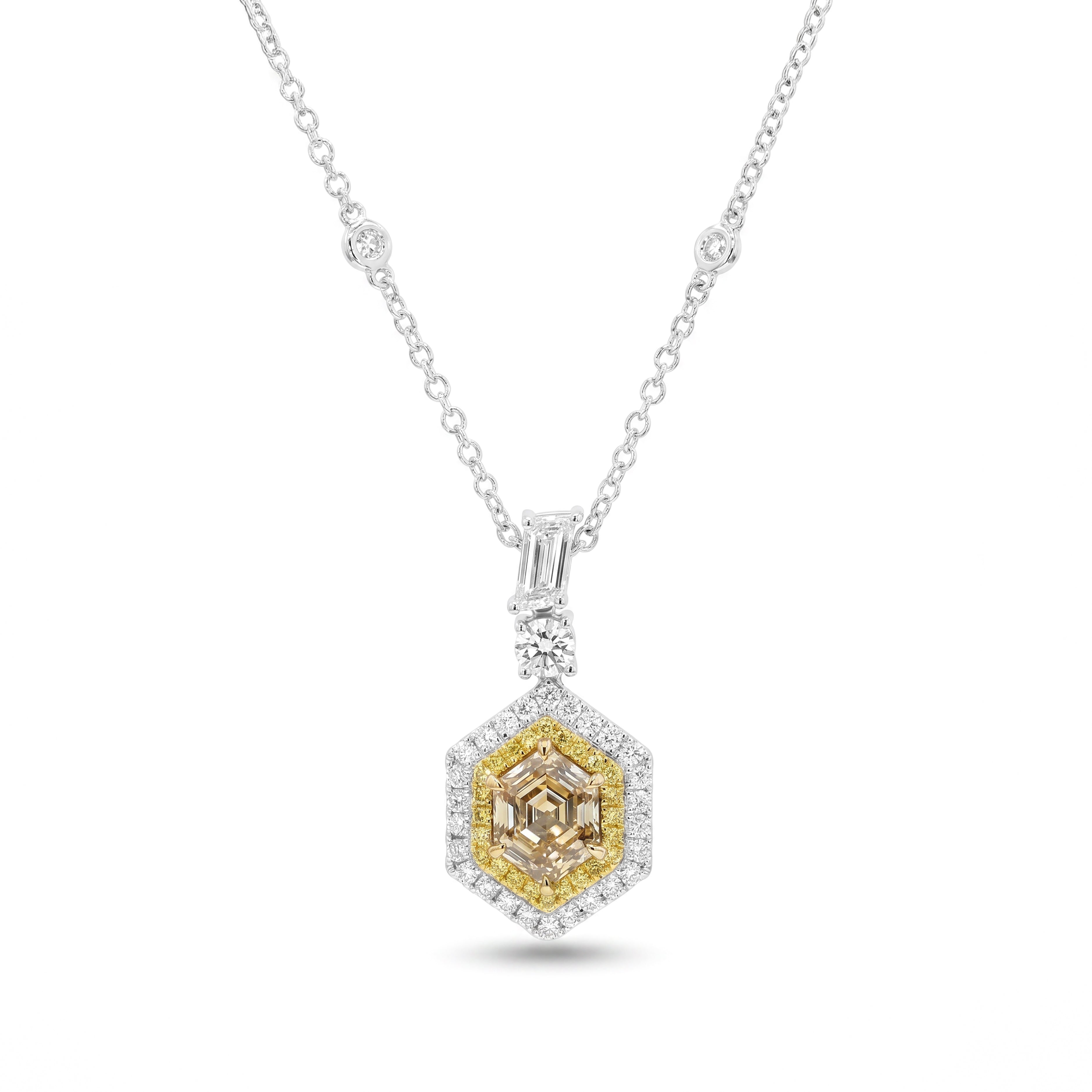 Natural Yellow Hexagon Diamond Halo Necklace | GIA Certified