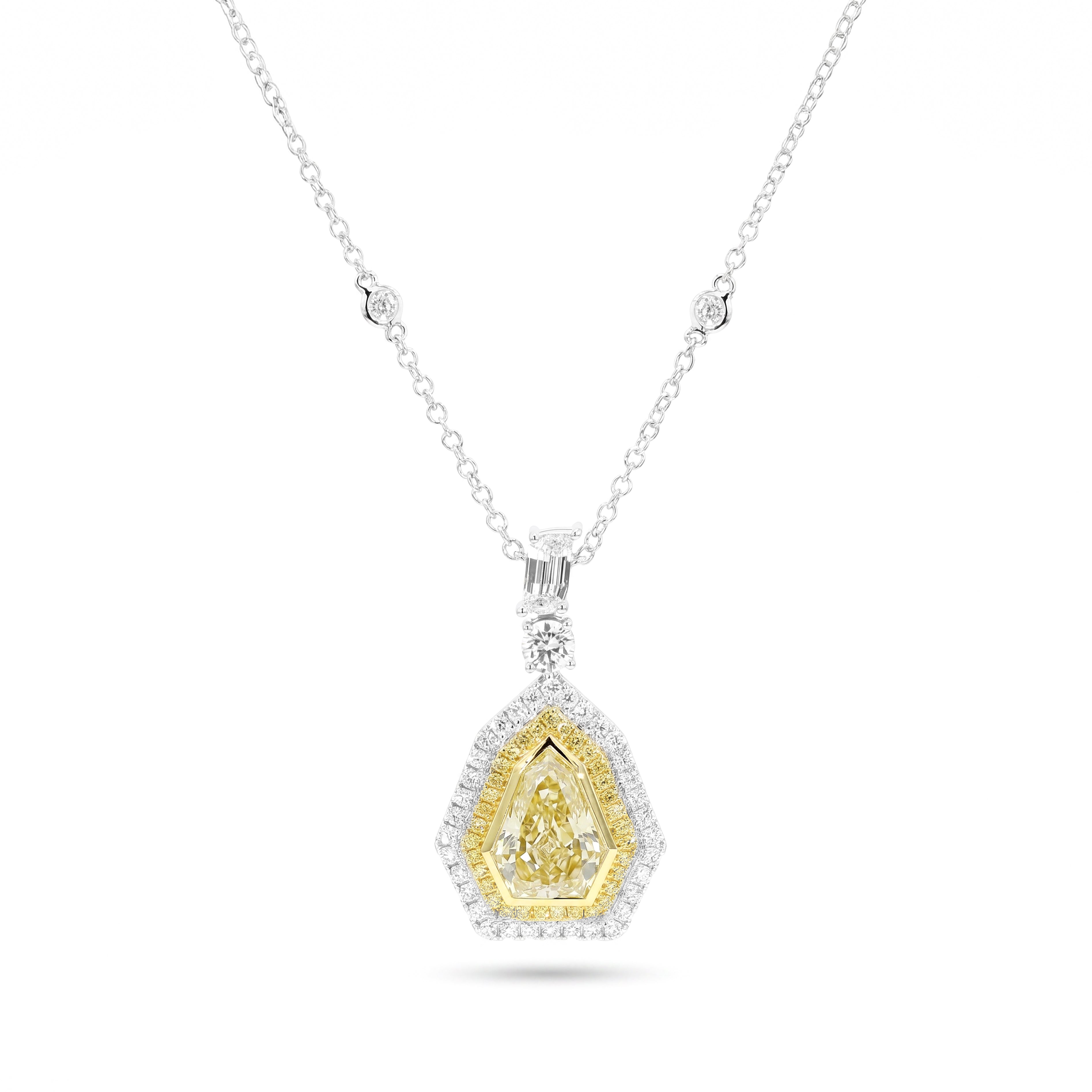 Natural Yellow Shield Diamond Halo Drop Necklace | GIA Certified