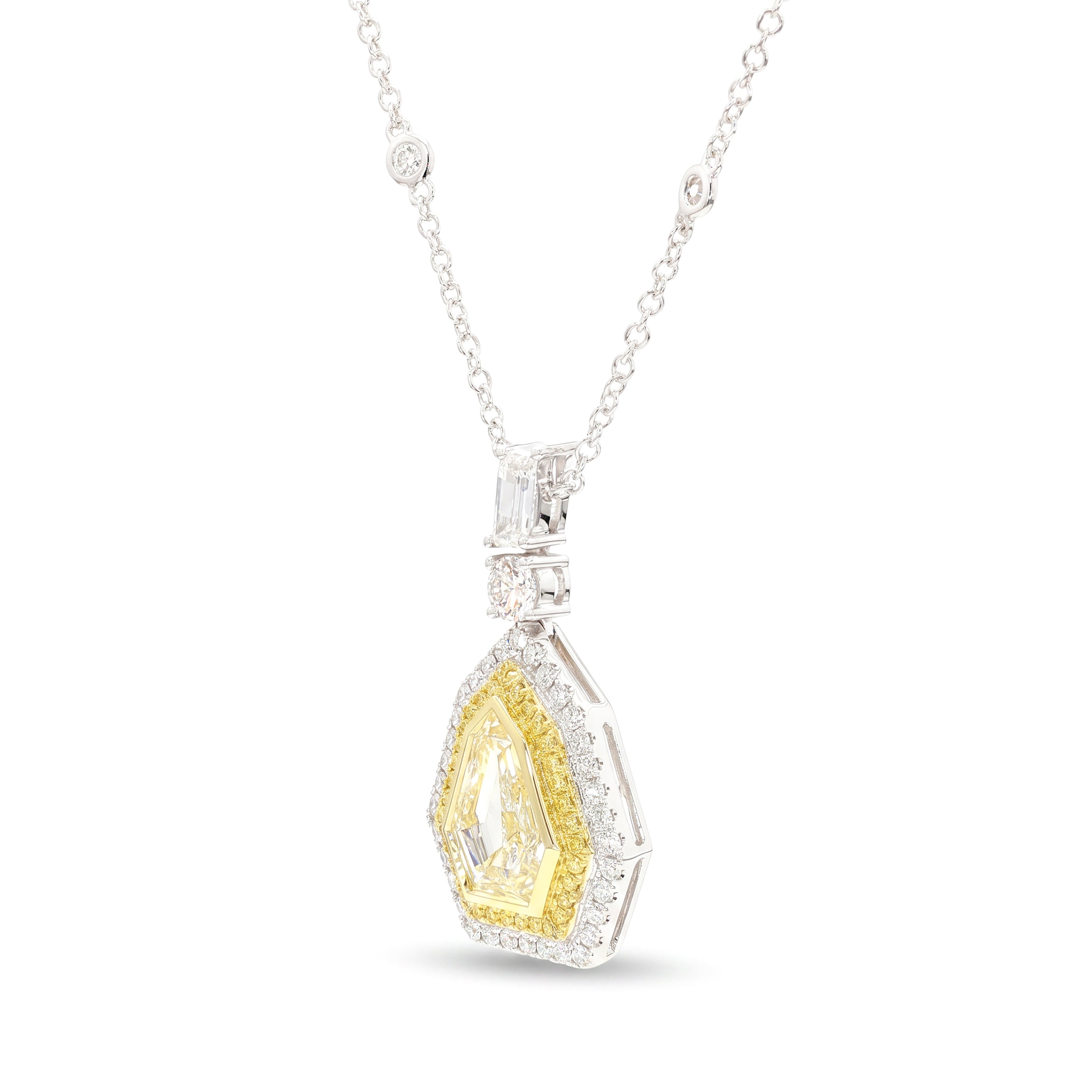 Natural Yellow Shield Diamond Halo Drop Necklace | GIA Certified