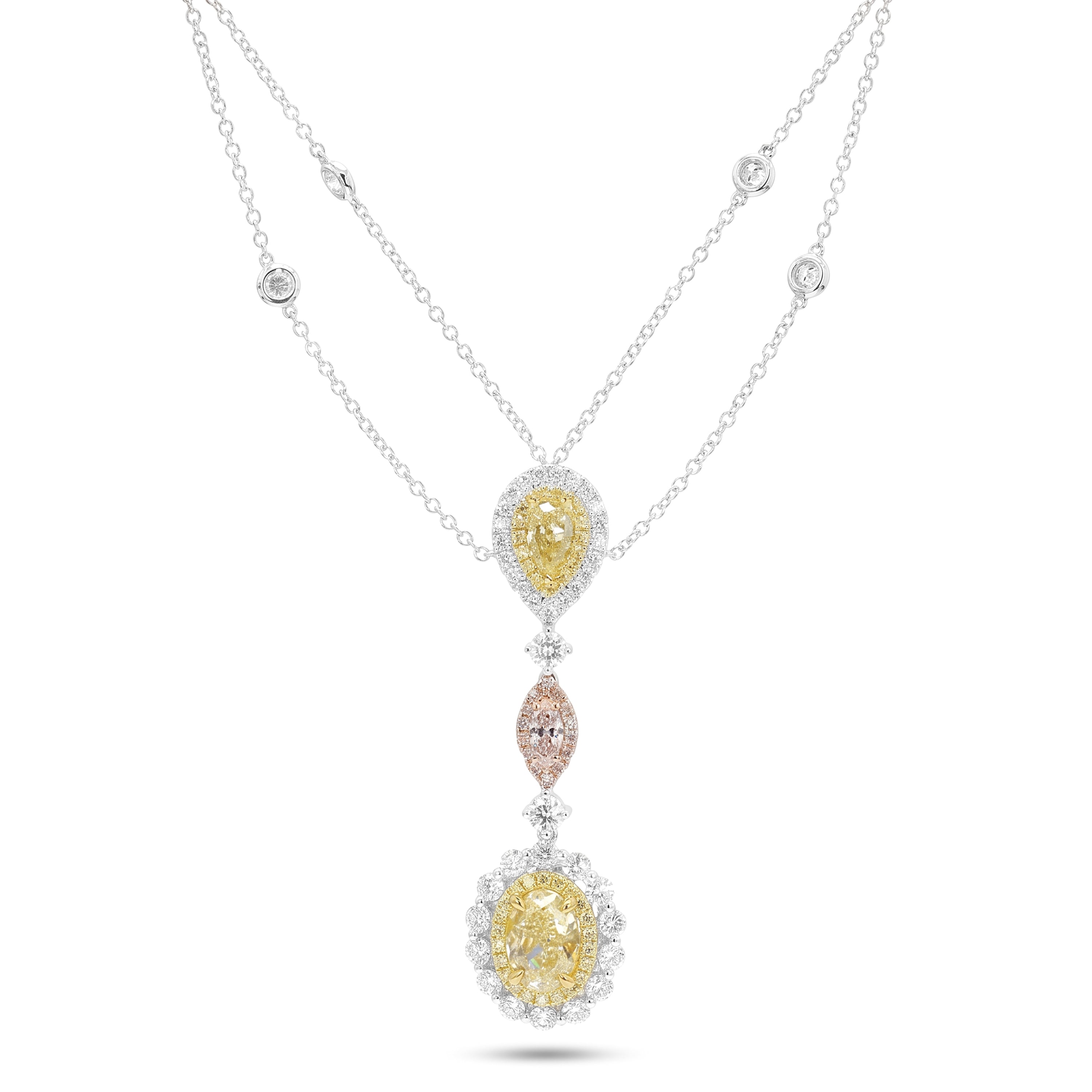 Natural Yellow Oval Diamond Halo Drop Necklace | GIA Certified