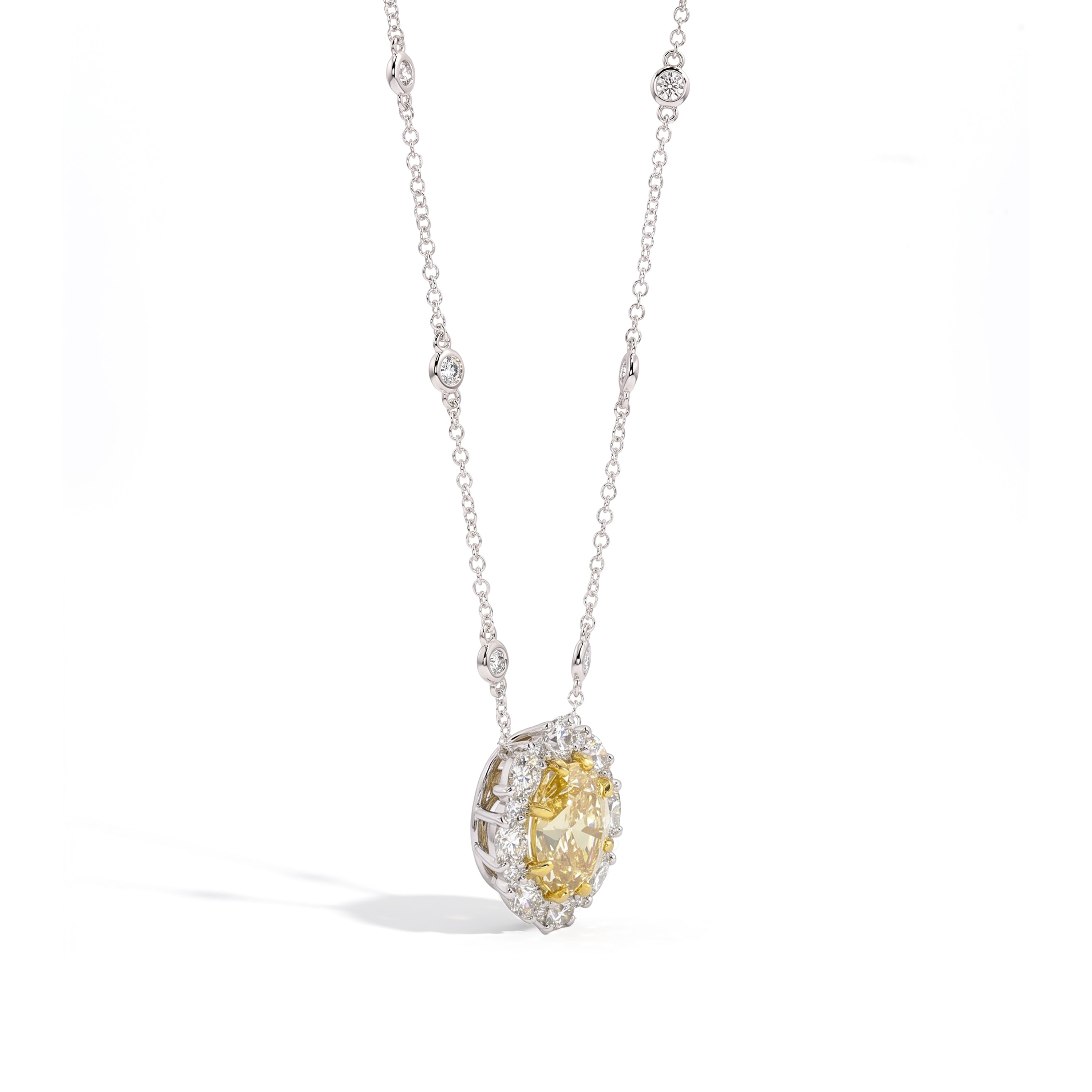Natural Yellow Oval Diamond Halo Necklace | GIA Certified