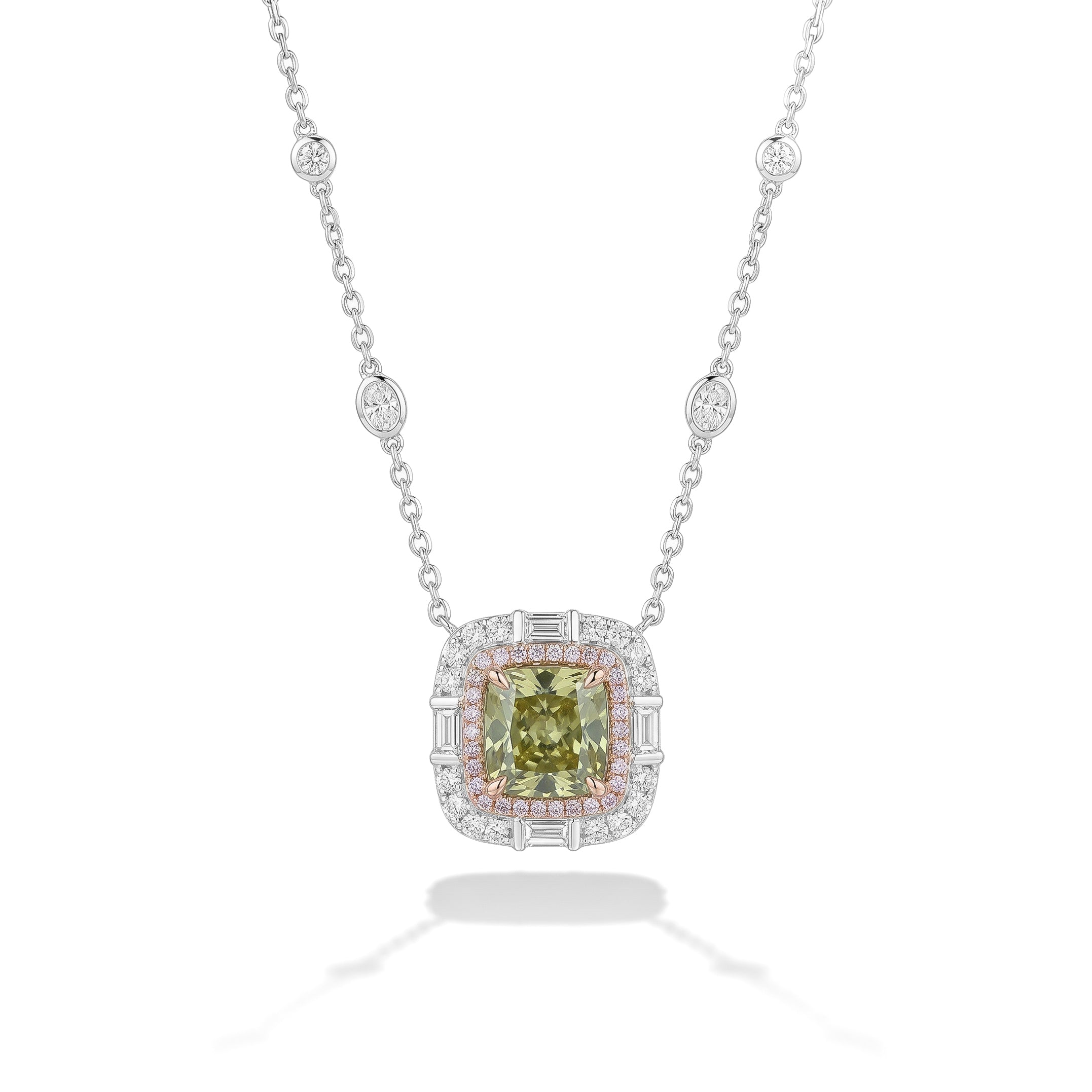 Natural Green Cushion Diamond Halo Necklace | GIA Certified