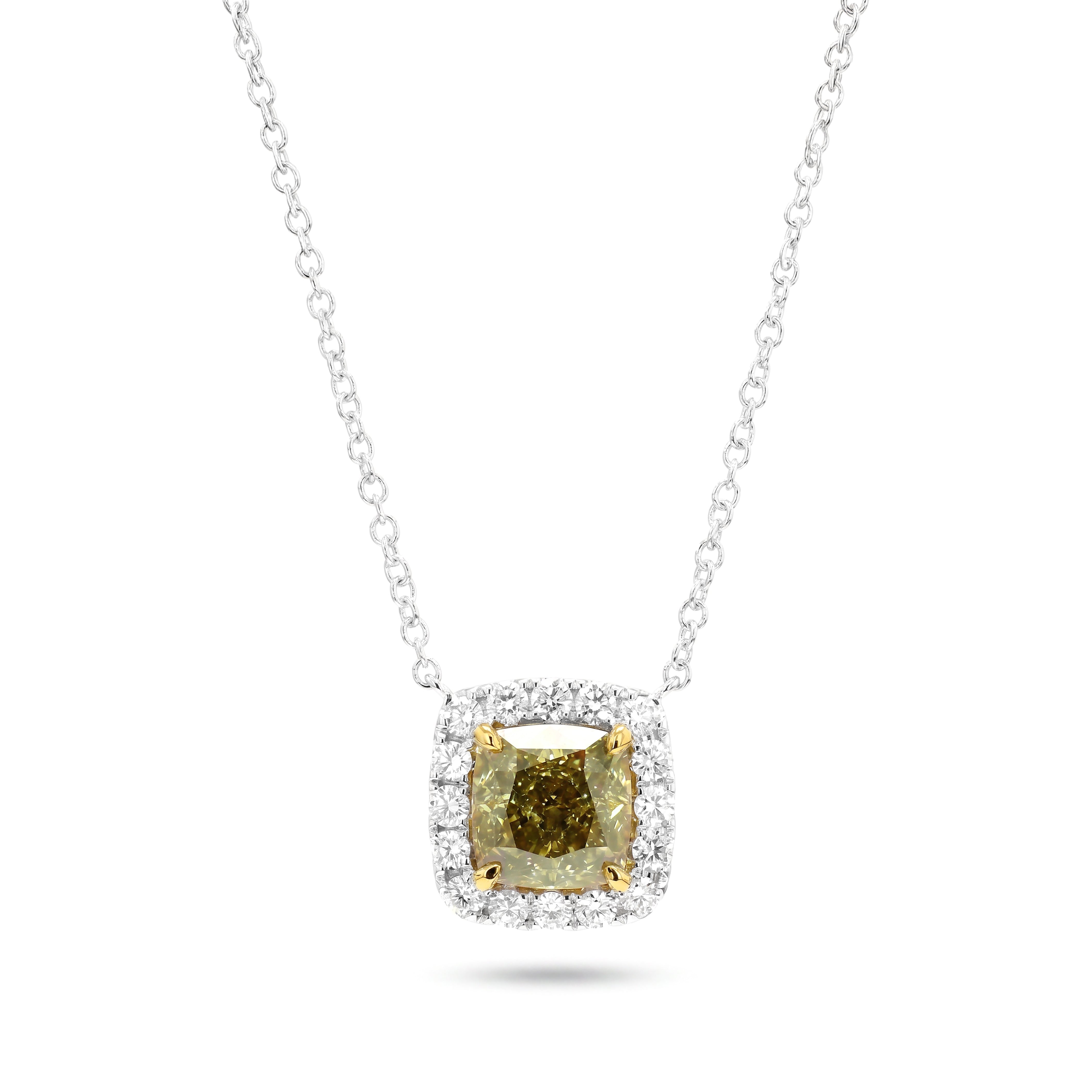 Natural Green Cushion Diamond Halo Necklace | GIA Certified