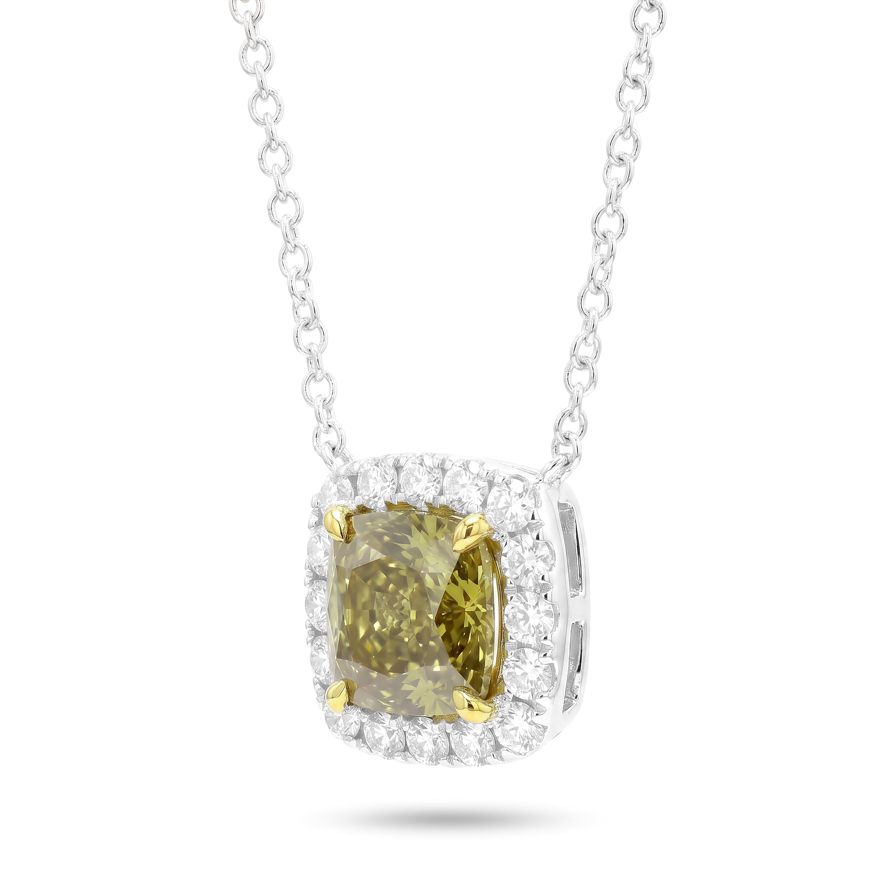 Natural Green Cushion Diamond Halo Necklace | GIA Certified