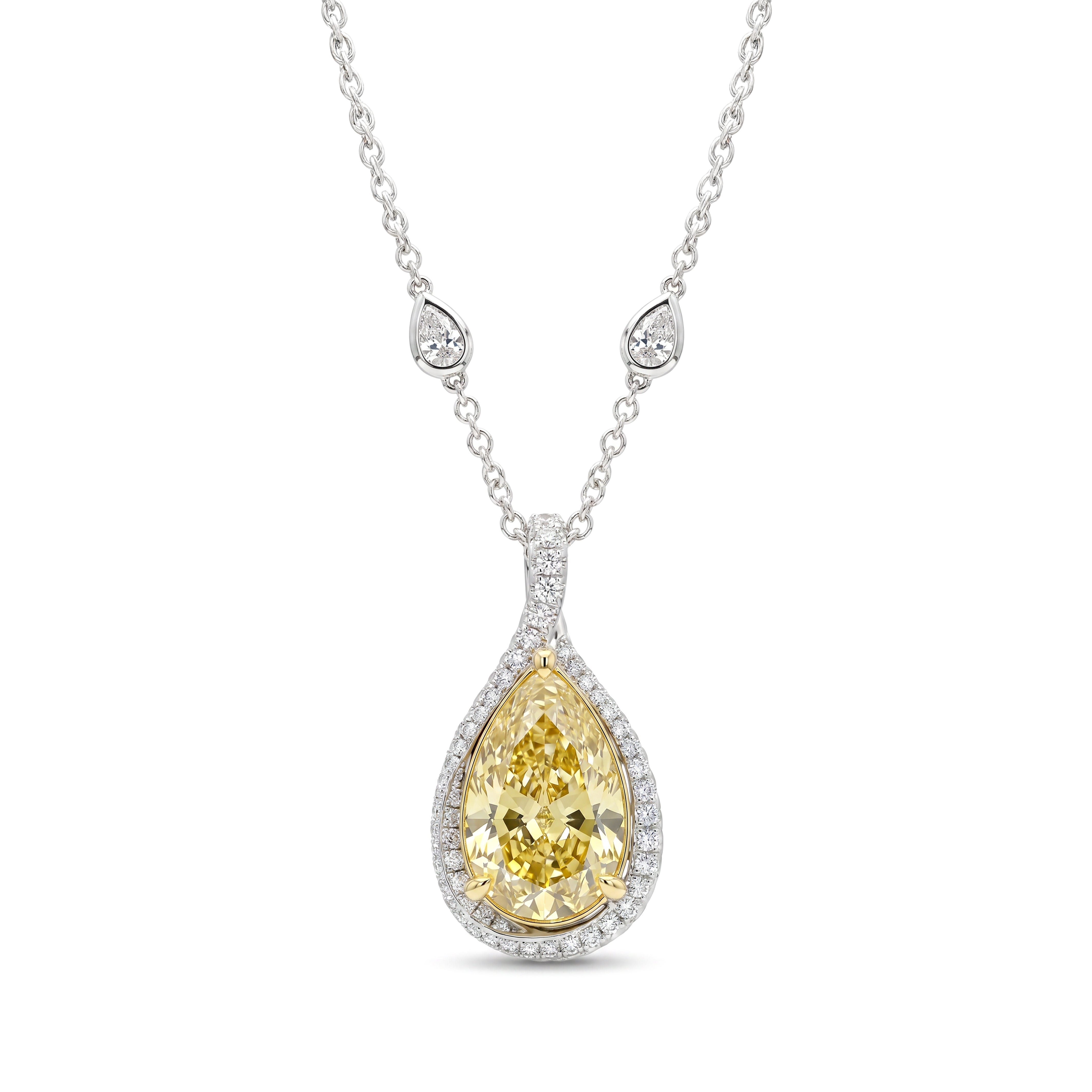 Natural Yellow Pear Diamond Halo Necklace | GIA Certified