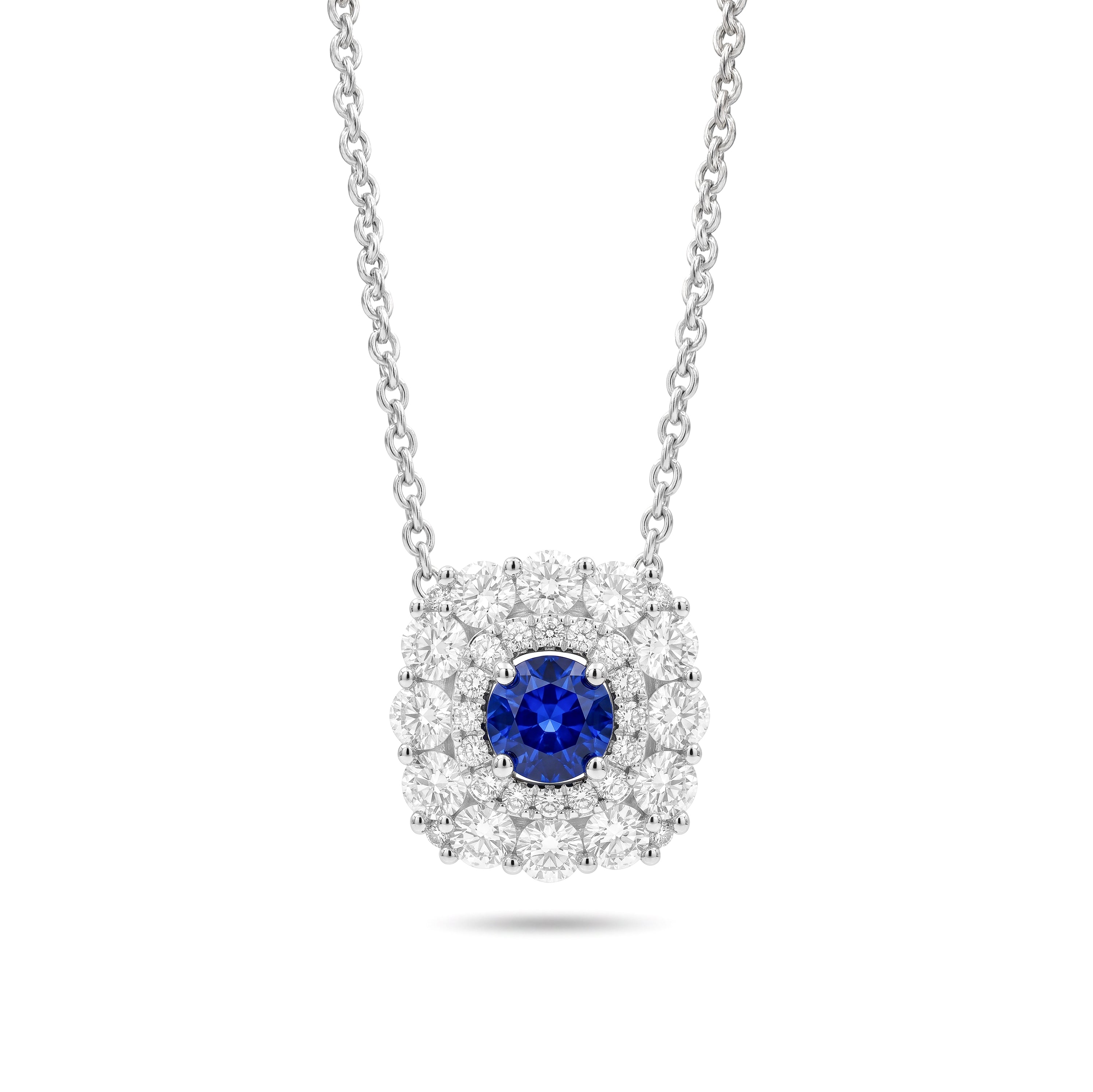 Natural Sapphire & Diamond Double Halo Necklace