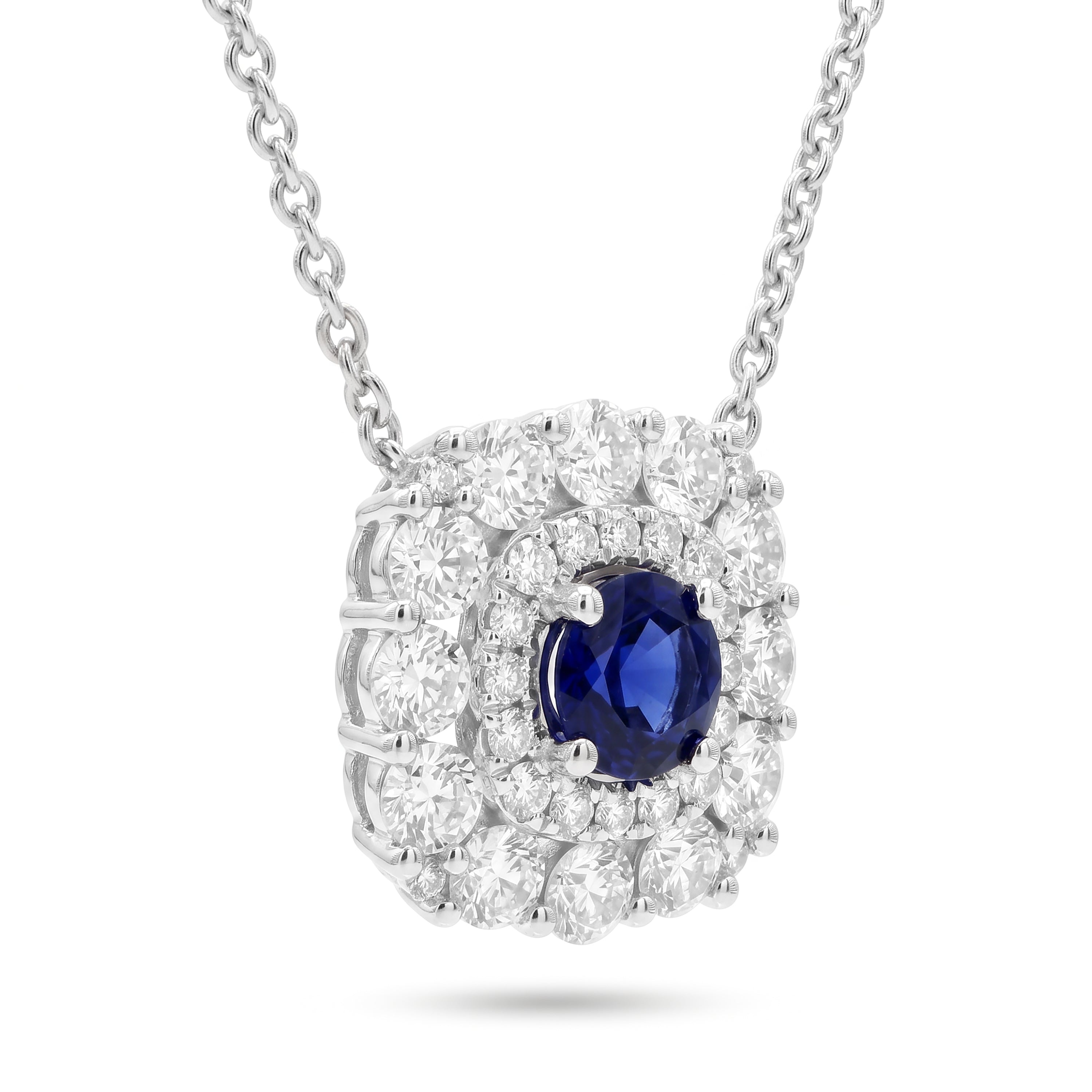 Natural Sapphire & Diamond Double Halo Necklace
