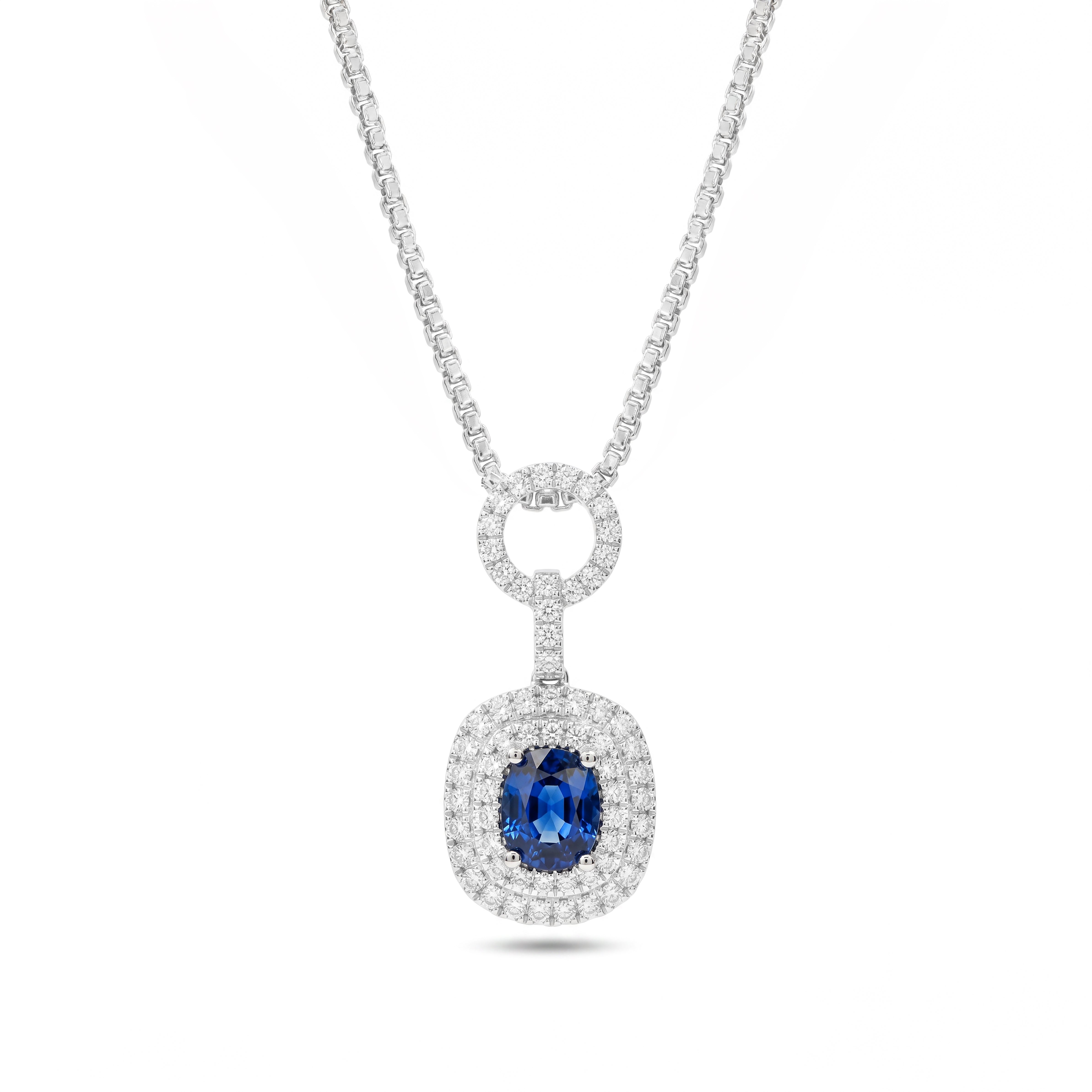 Natural Sapphire & White Diamond Halo Drop Pendant