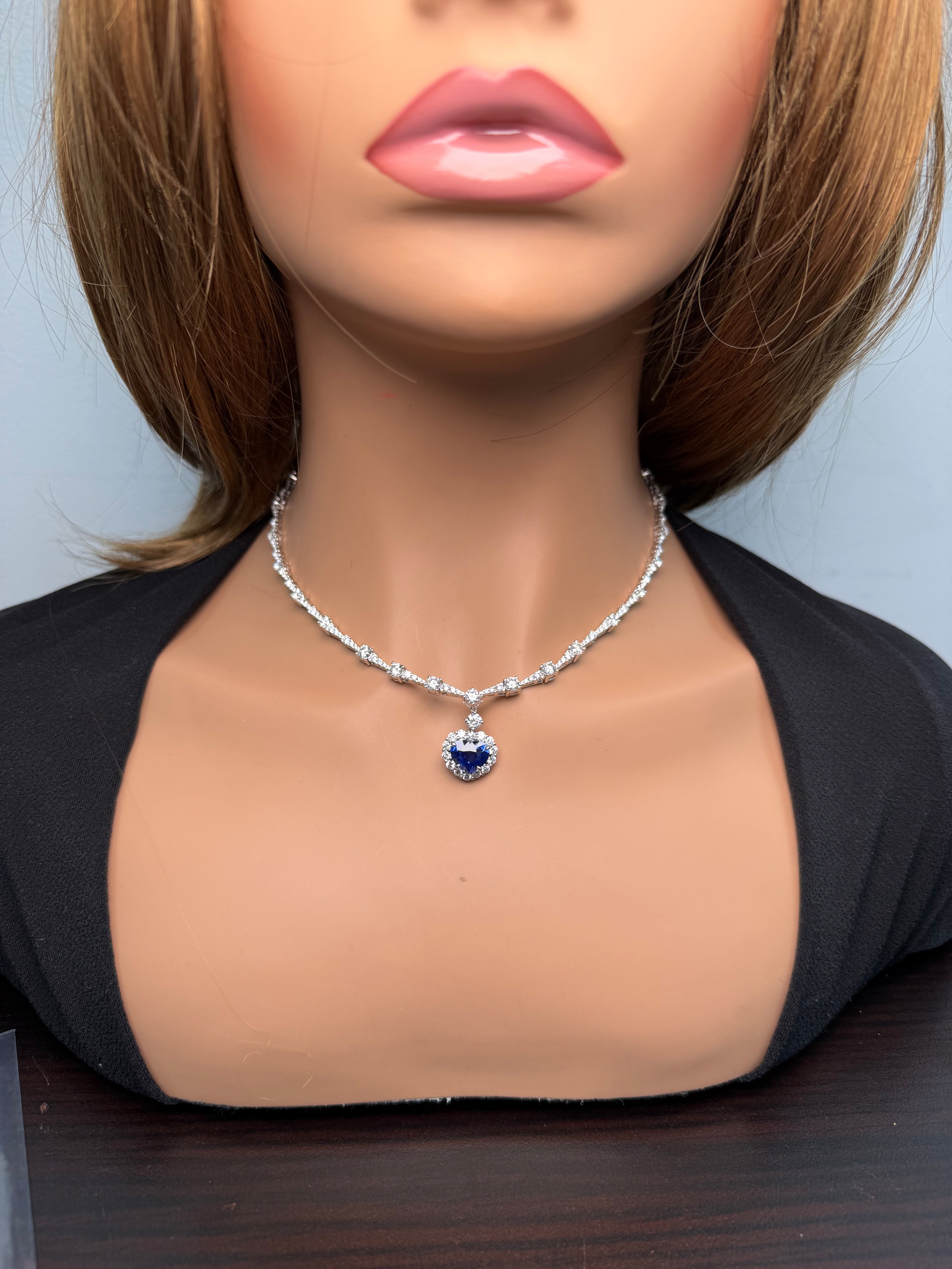 Natural Blue Heart Sapphire & White Diamond Necklace Gia CERTIFIED