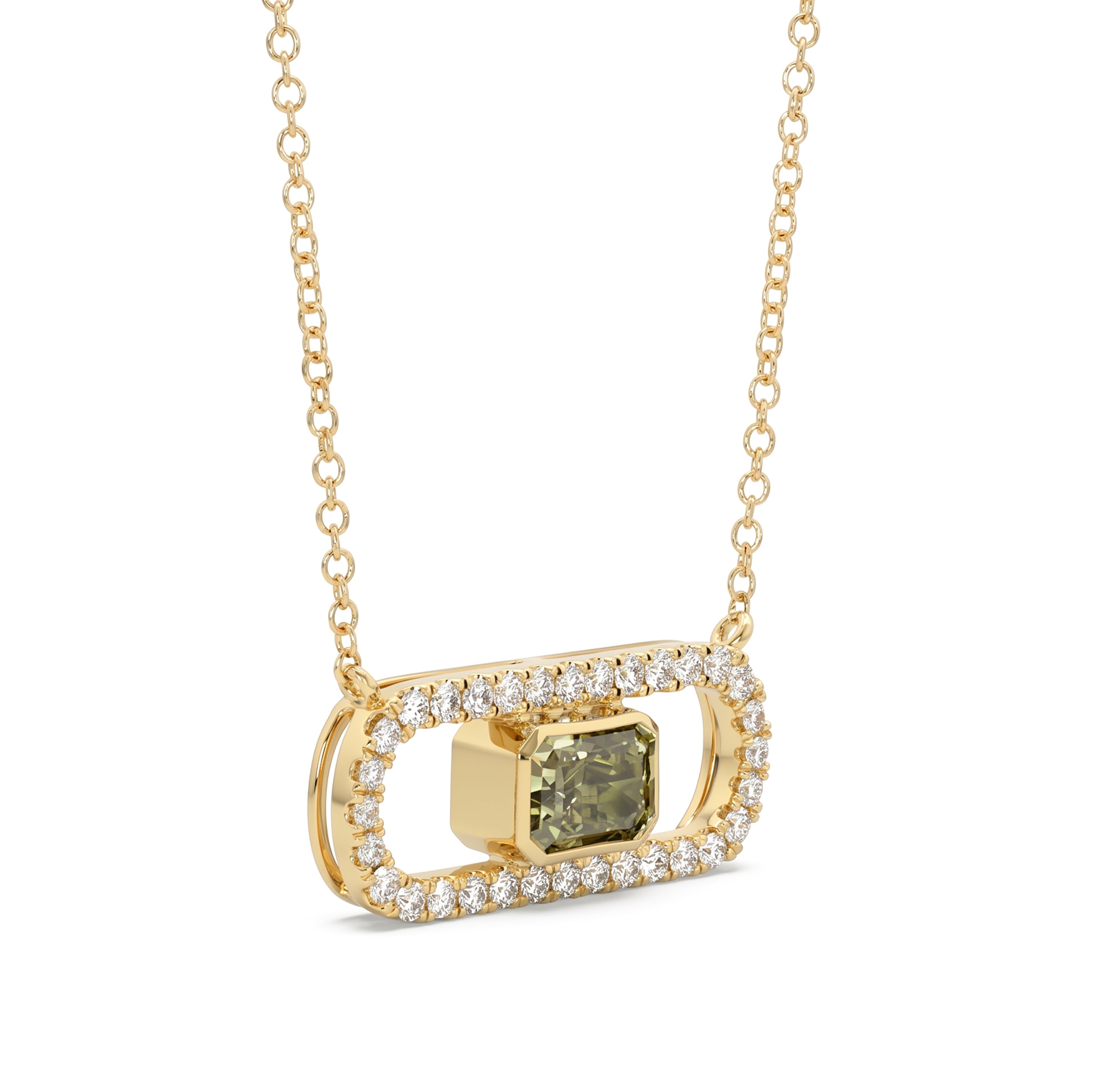 Natural Green Radiant Diamond Bezel Paperclip Necklace | GIA Certified