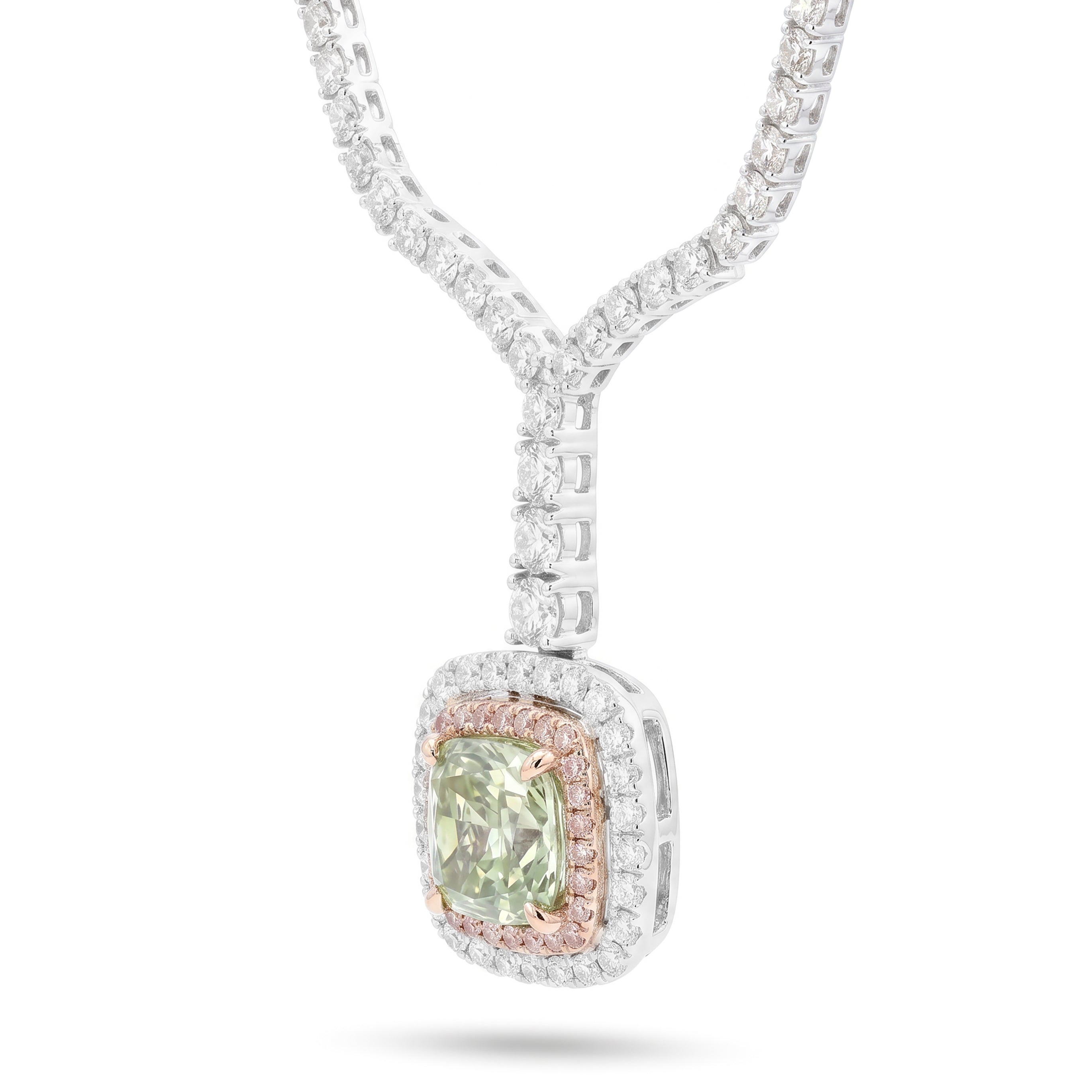Natural Green & Pink Diamond Halo Necklace | GIA Certified
