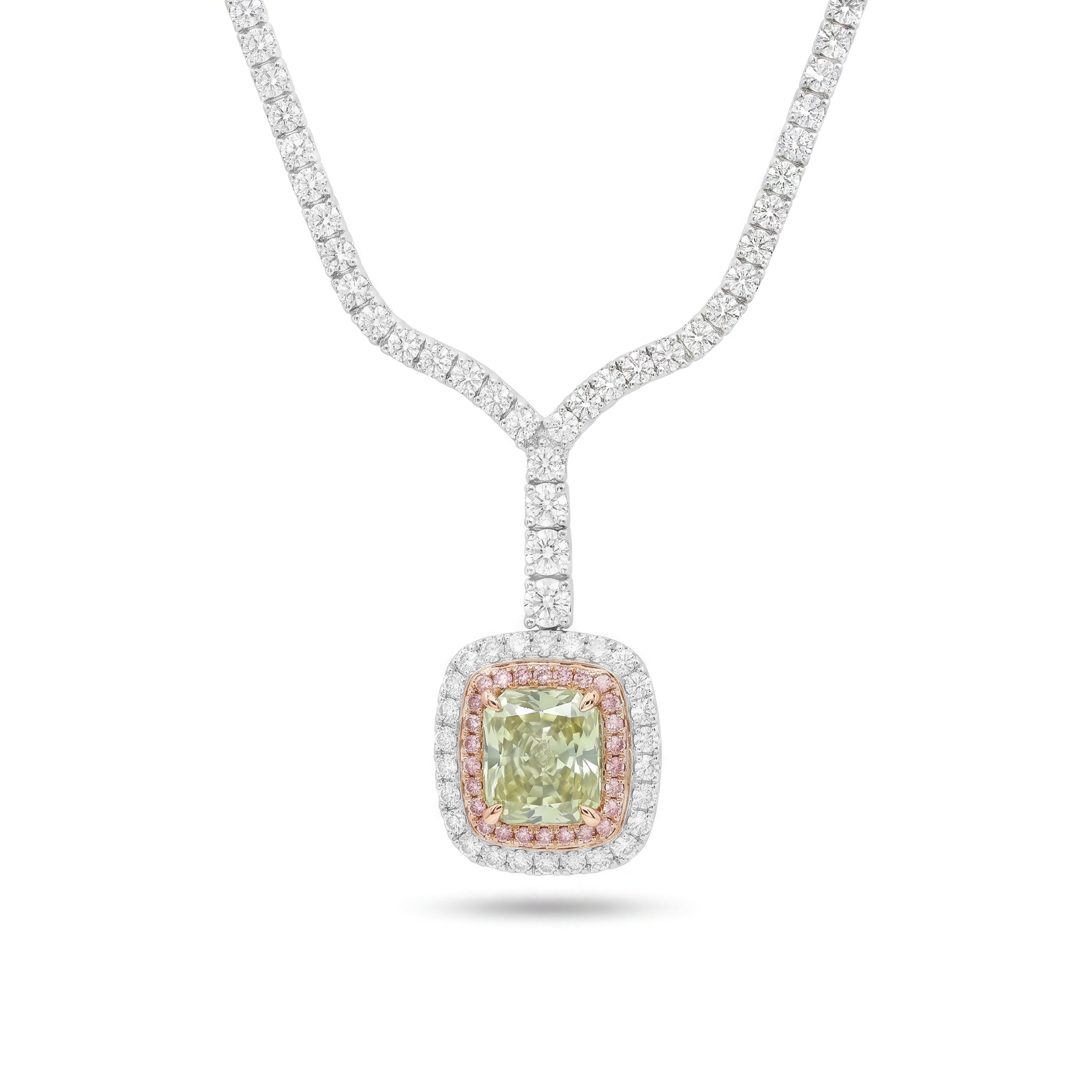 Natural Green & Pink Diamond Halo Necklace | GIA Certified