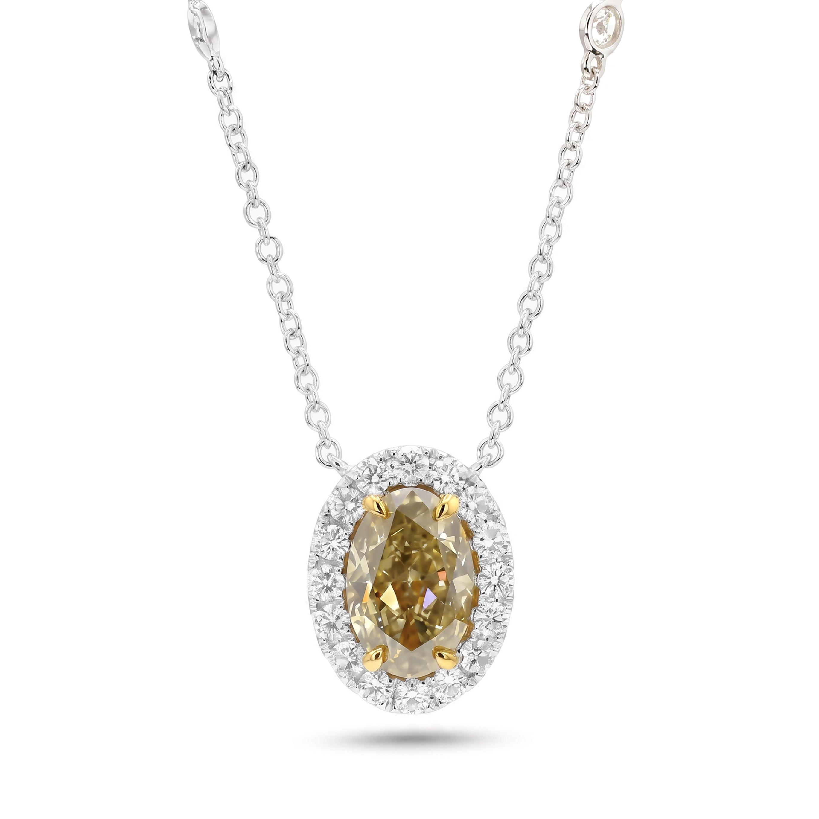 Natural Yellow Oval Diamond Halo Necklace | GIA Certified