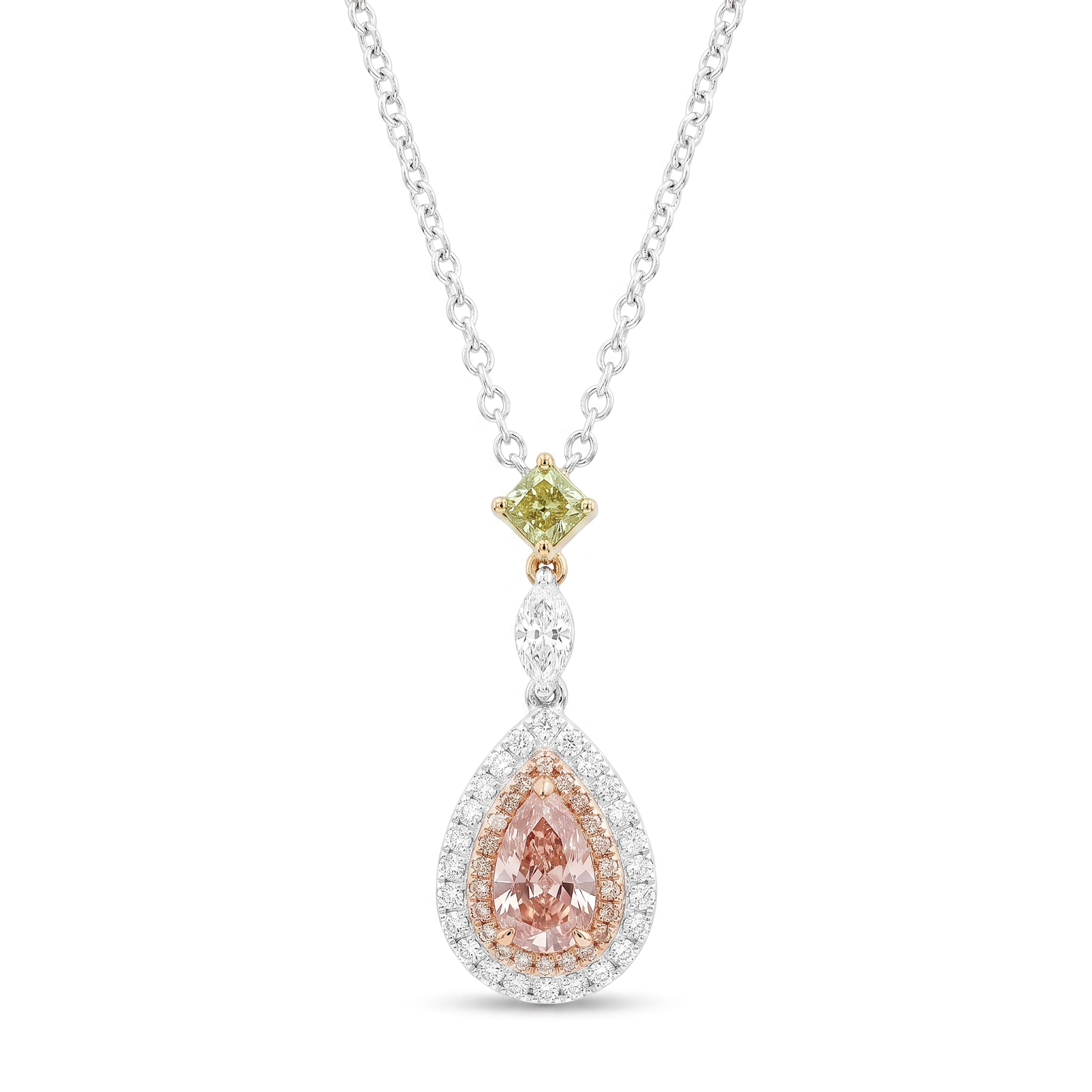 Natural Pink Pear Diamond Halo Drop Necklace | GIA Certified