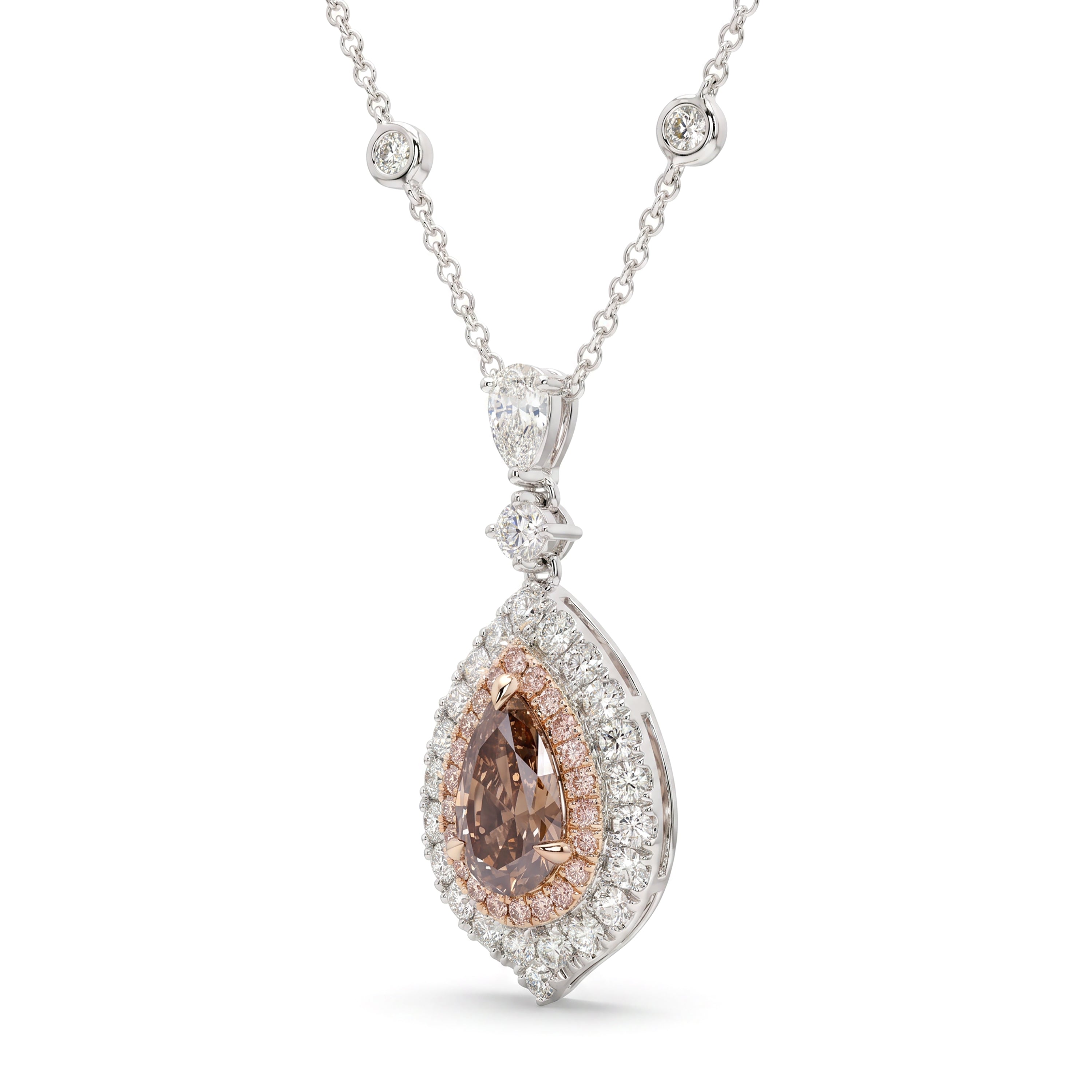 Natural Pink Pear Diamond Halo Drop Necklace | GIA Certified