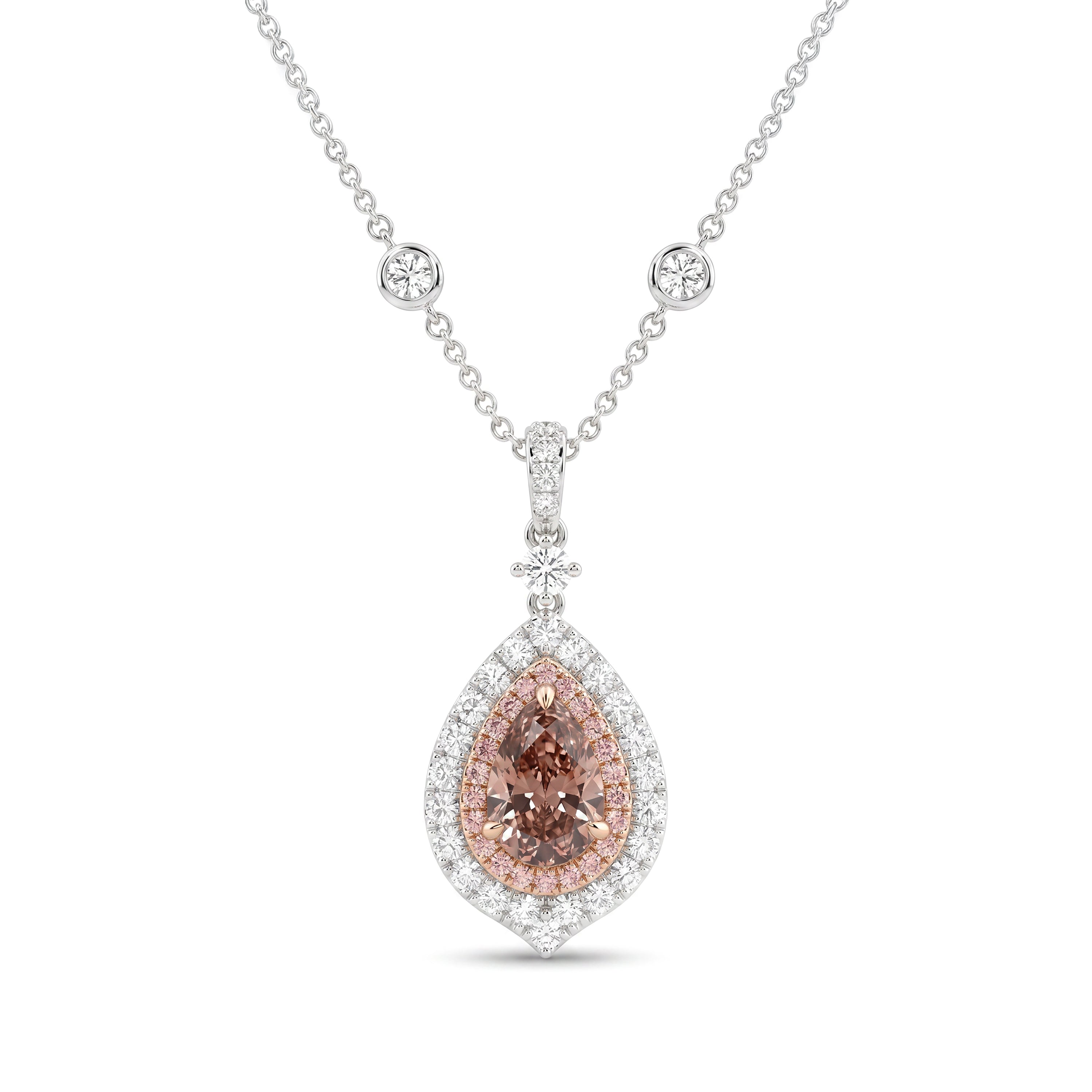 Natural Pink Pear Diamond Halo Drop Necklace | GIA Certified