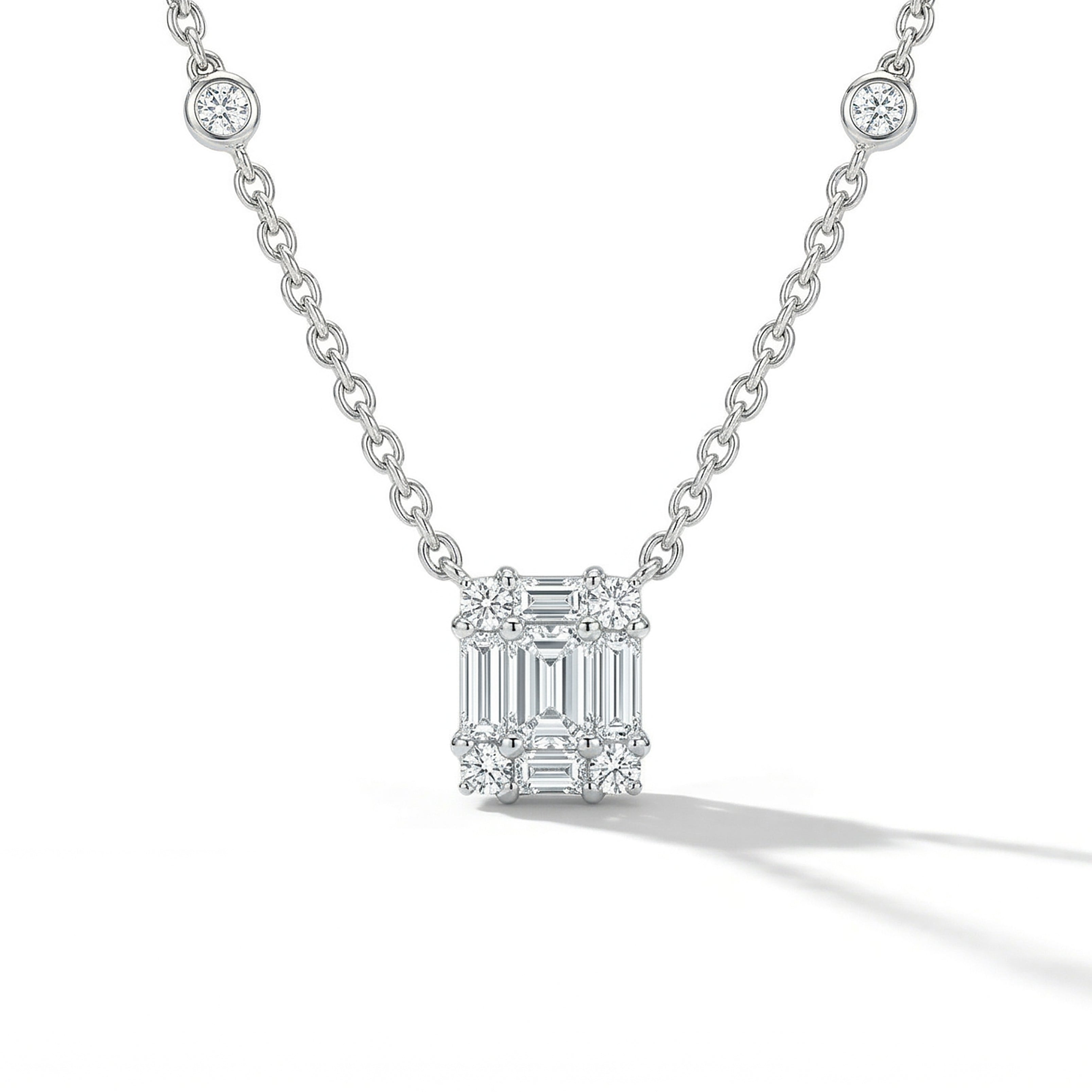 Natural White Baguette Diamond Halo Necklace