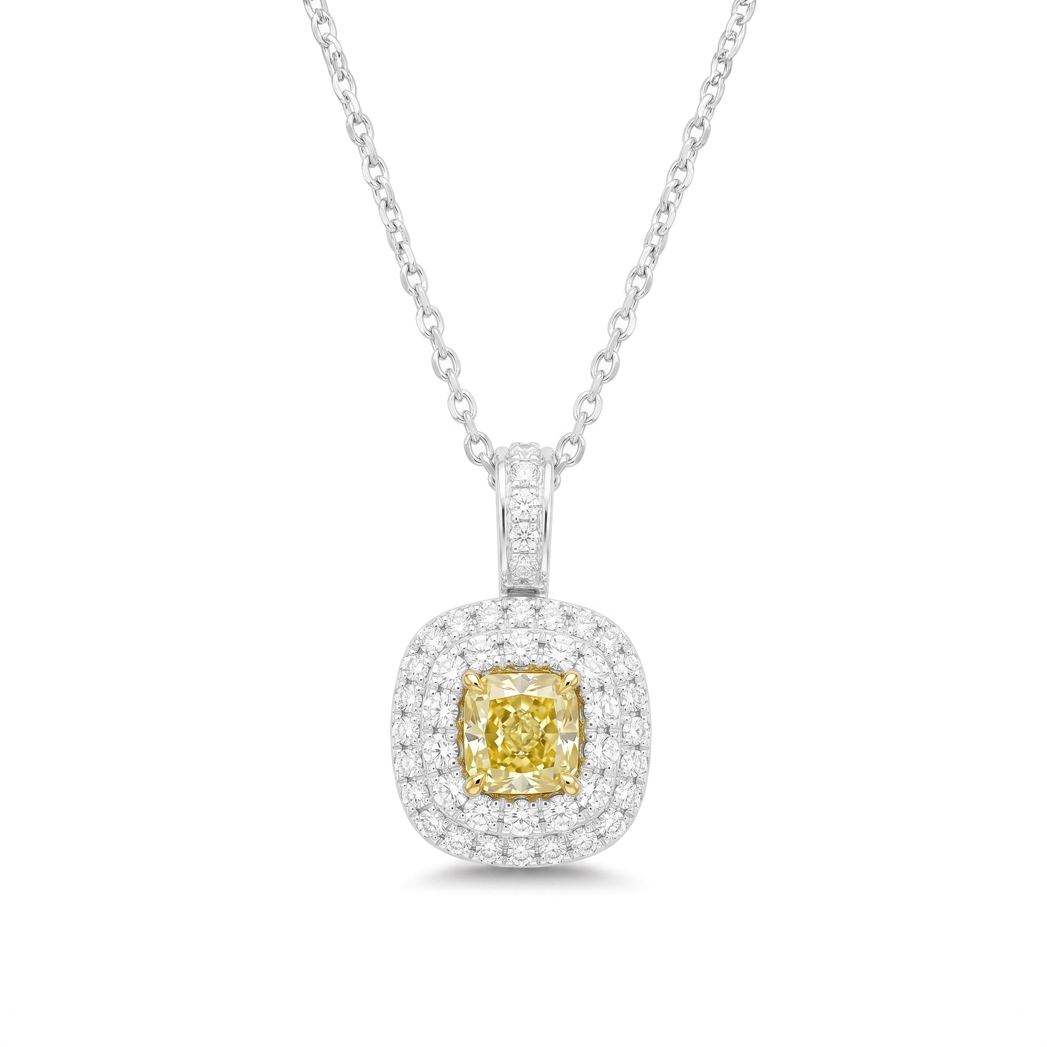 Natural Yellow Cushion Diamond Double Halo Pendant