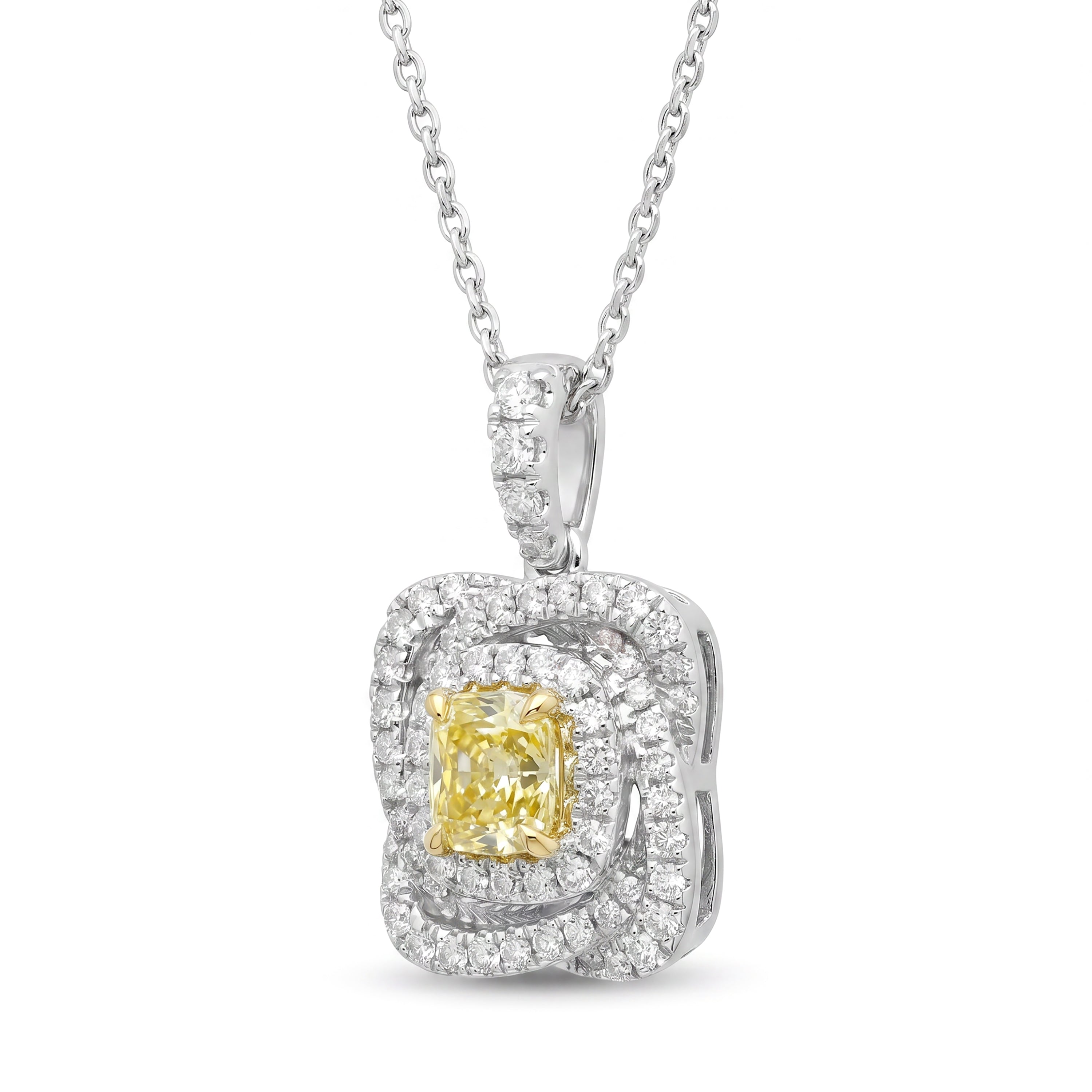 Natural Yellow Cushion Diamond Halo Pendant | GIA Certified