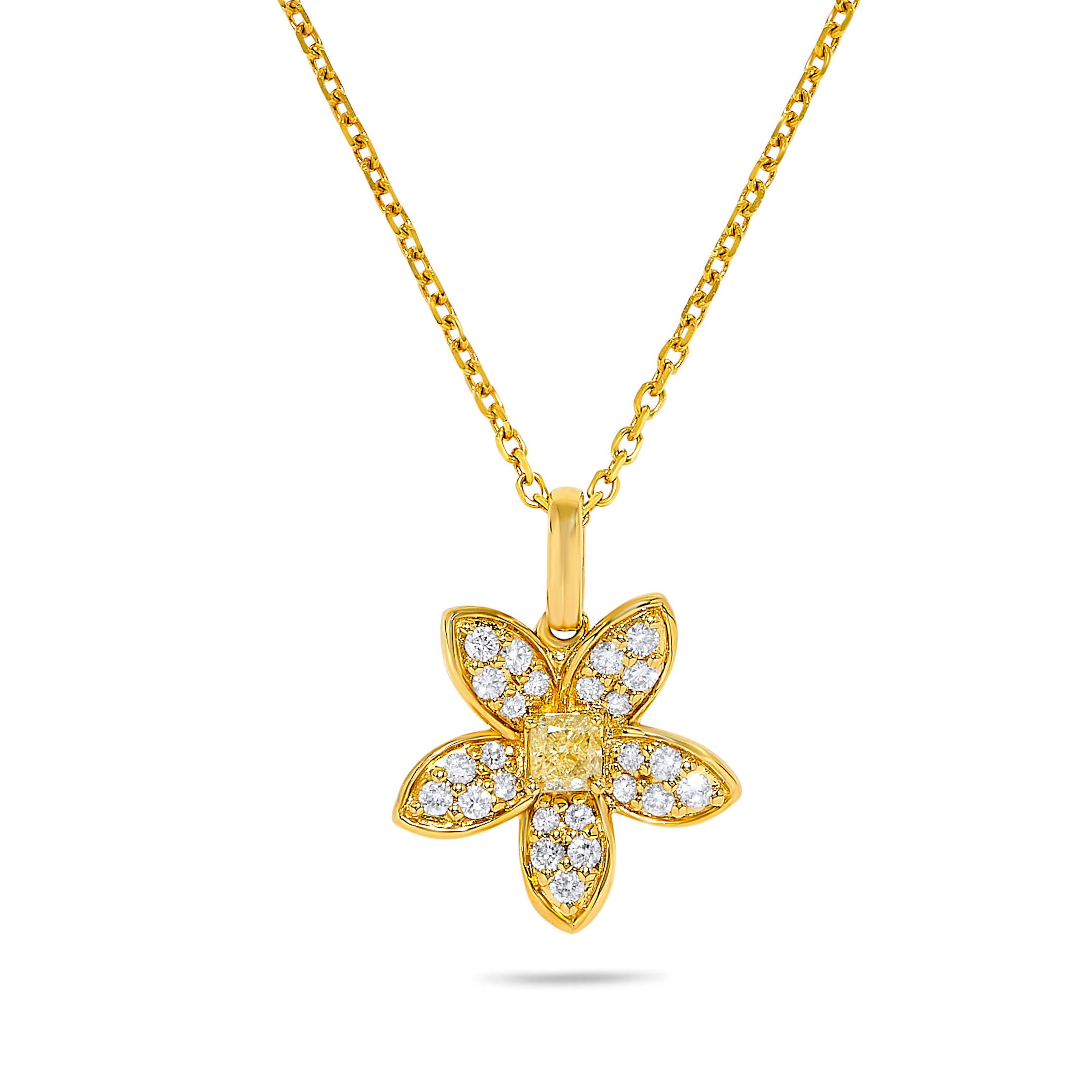 Yellow Cushion & White Diamond Flower Drop Necklace
