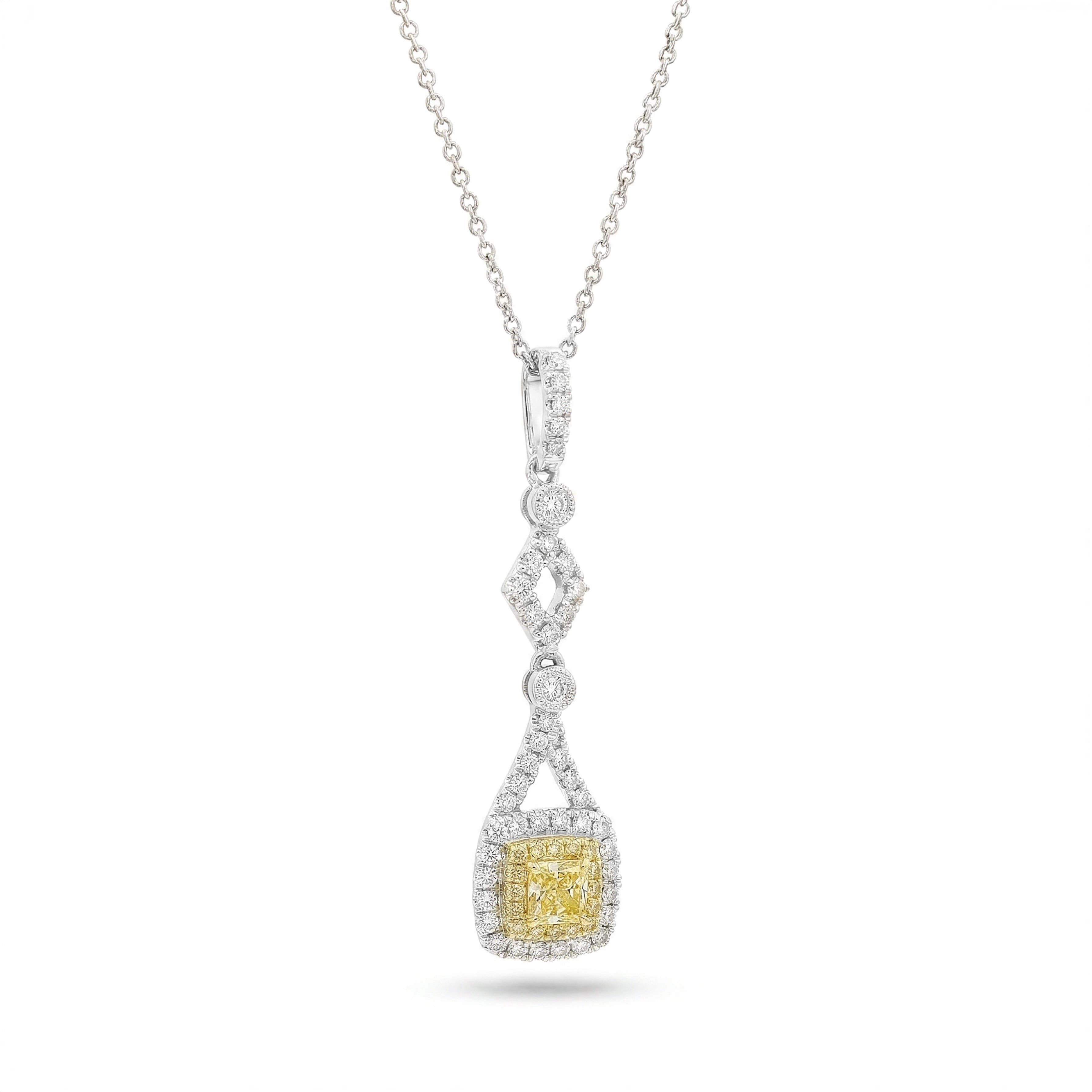 Natural Yellow Cushion Diamond Halo Drop Pendant