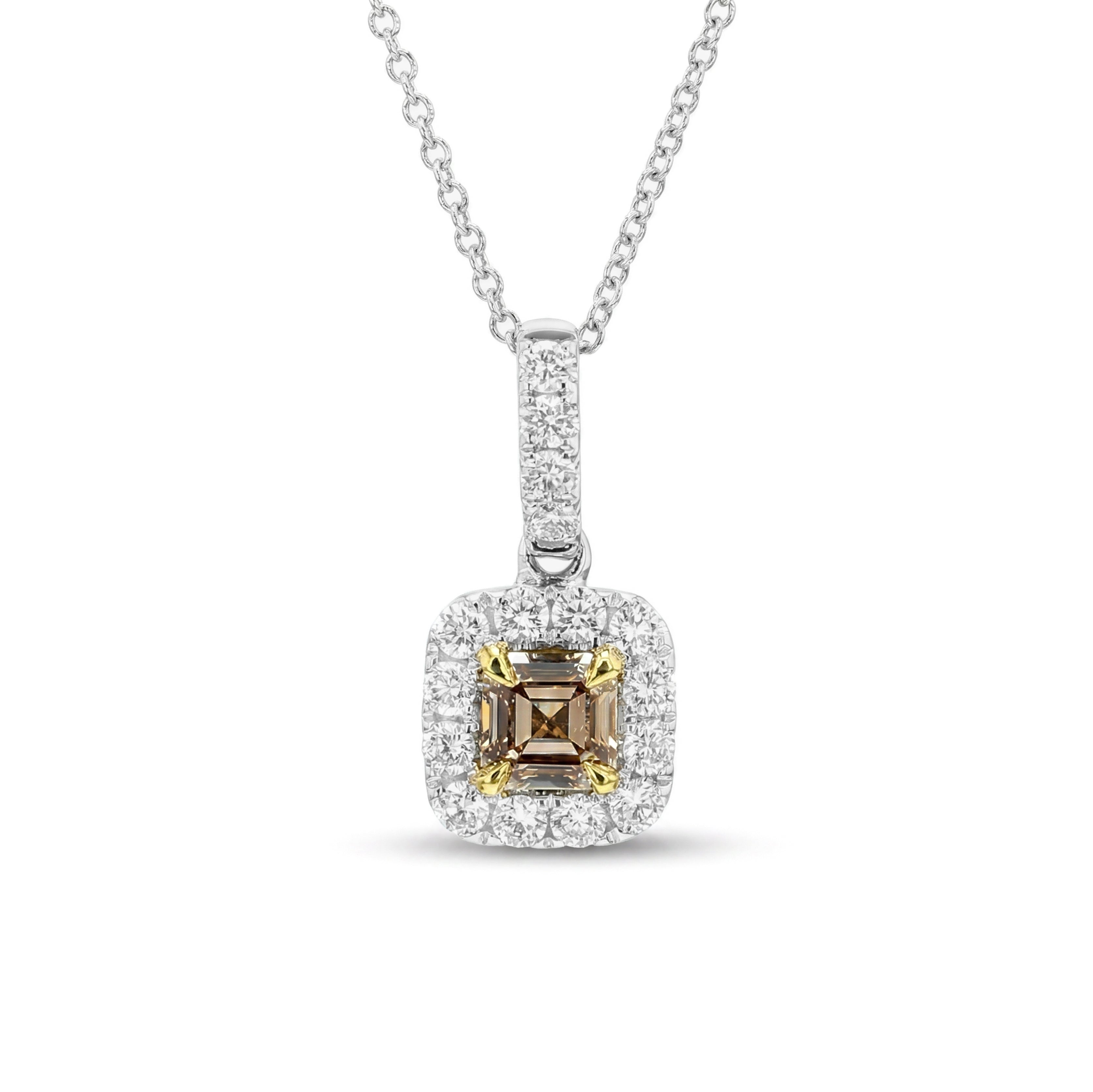 Natural Brown Asscher Diamond Halo Pendant | GIA Certified