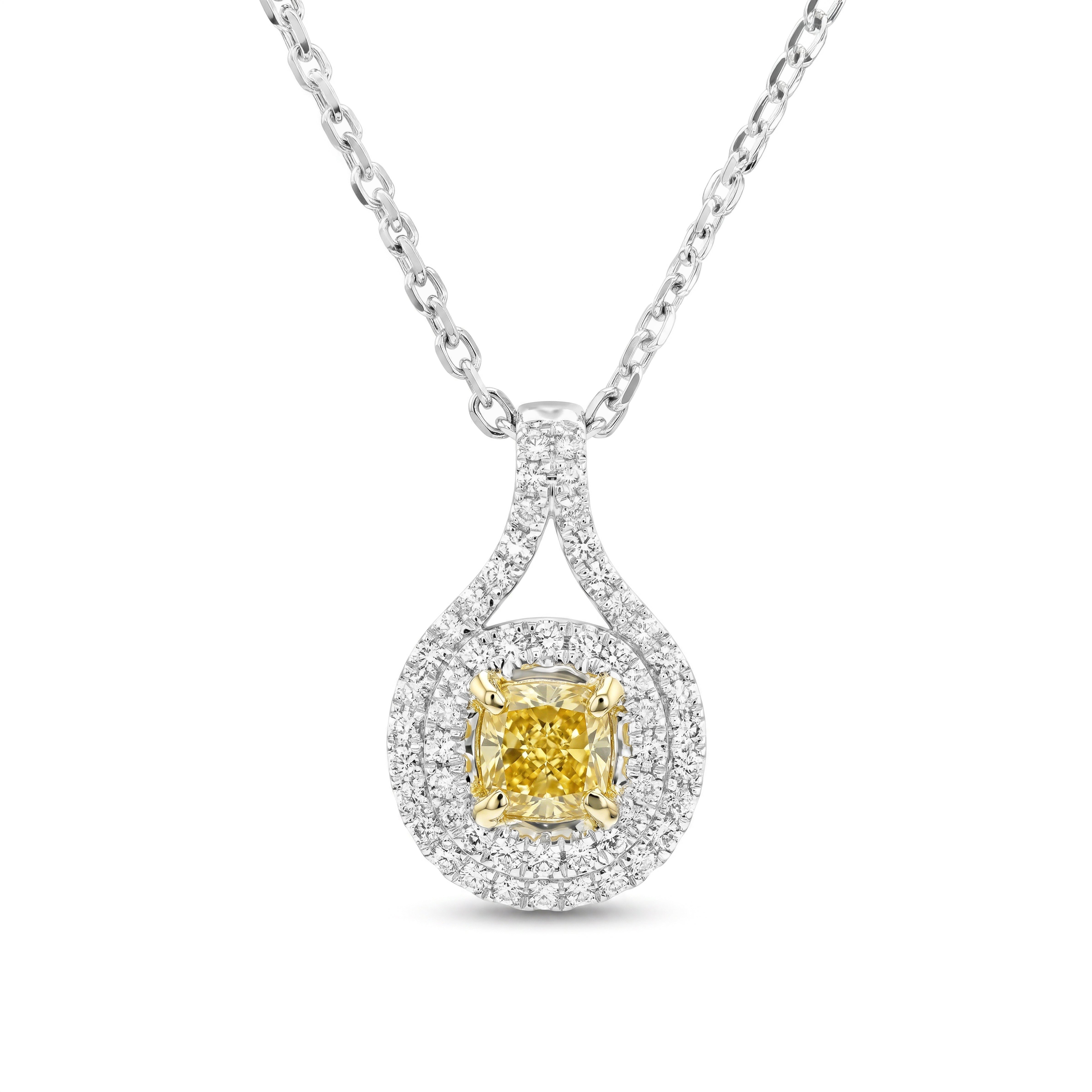 Natural Yellow Cushion Diamond Halo Pendant | GIA Certified