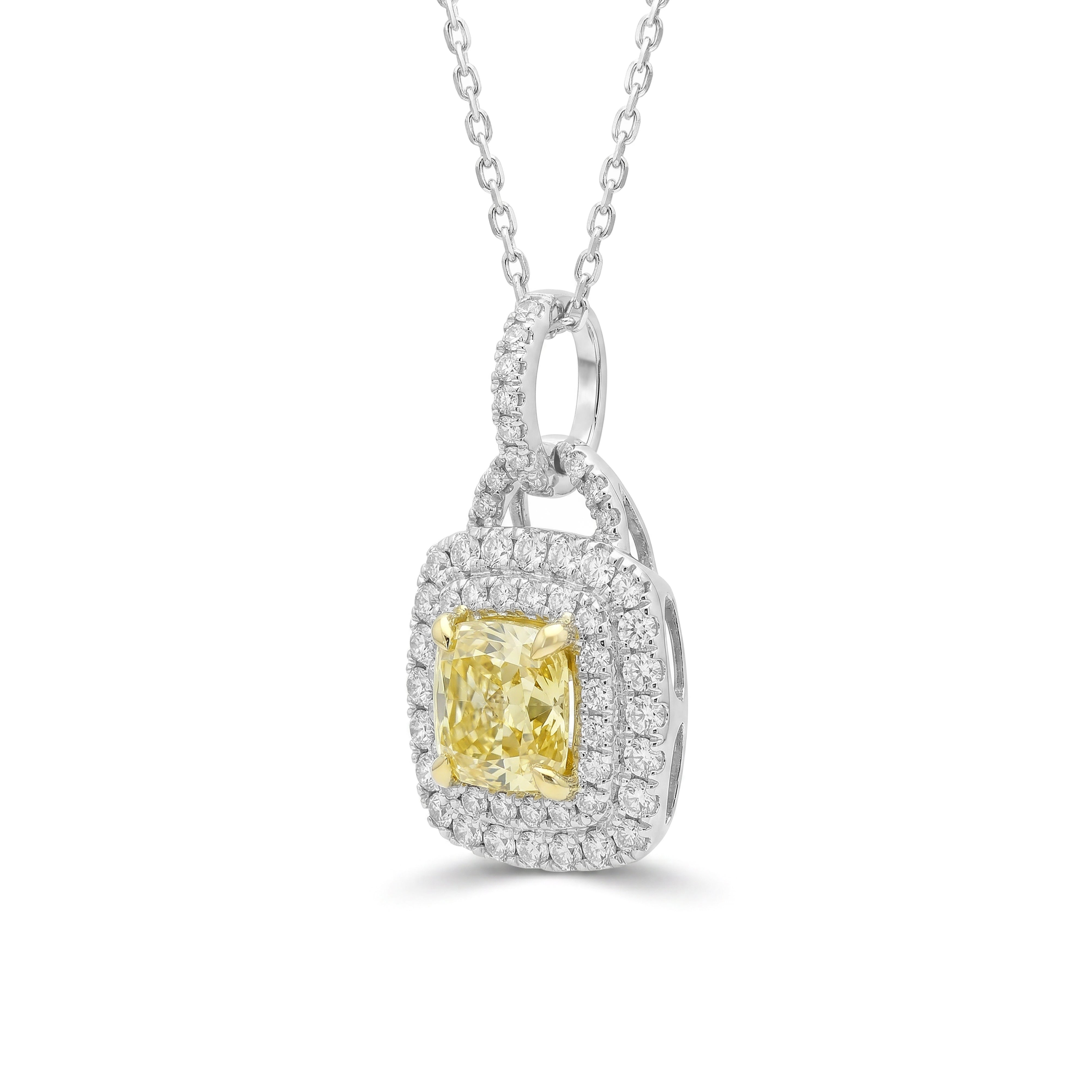 Natural Yellow Cushion Diamond Halo Pendant | GIA Certified