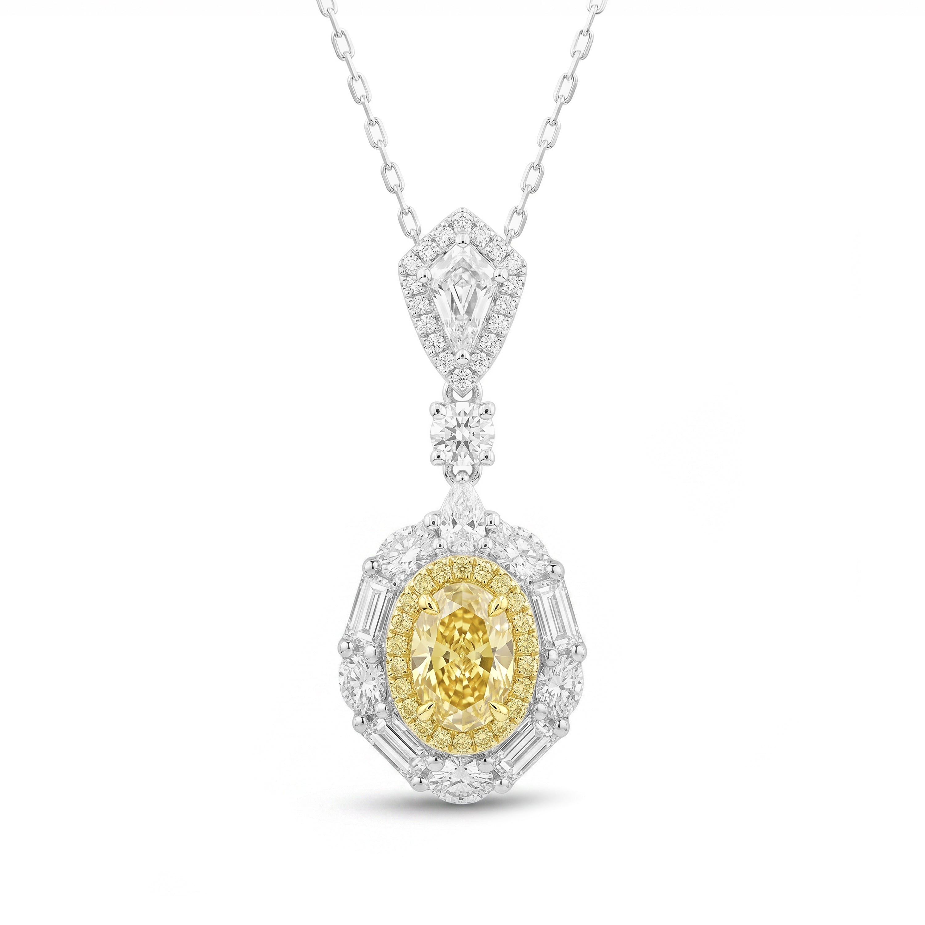 Natural Yellow Oval & Kite Diamond Halo Pendant | GIA Certified
