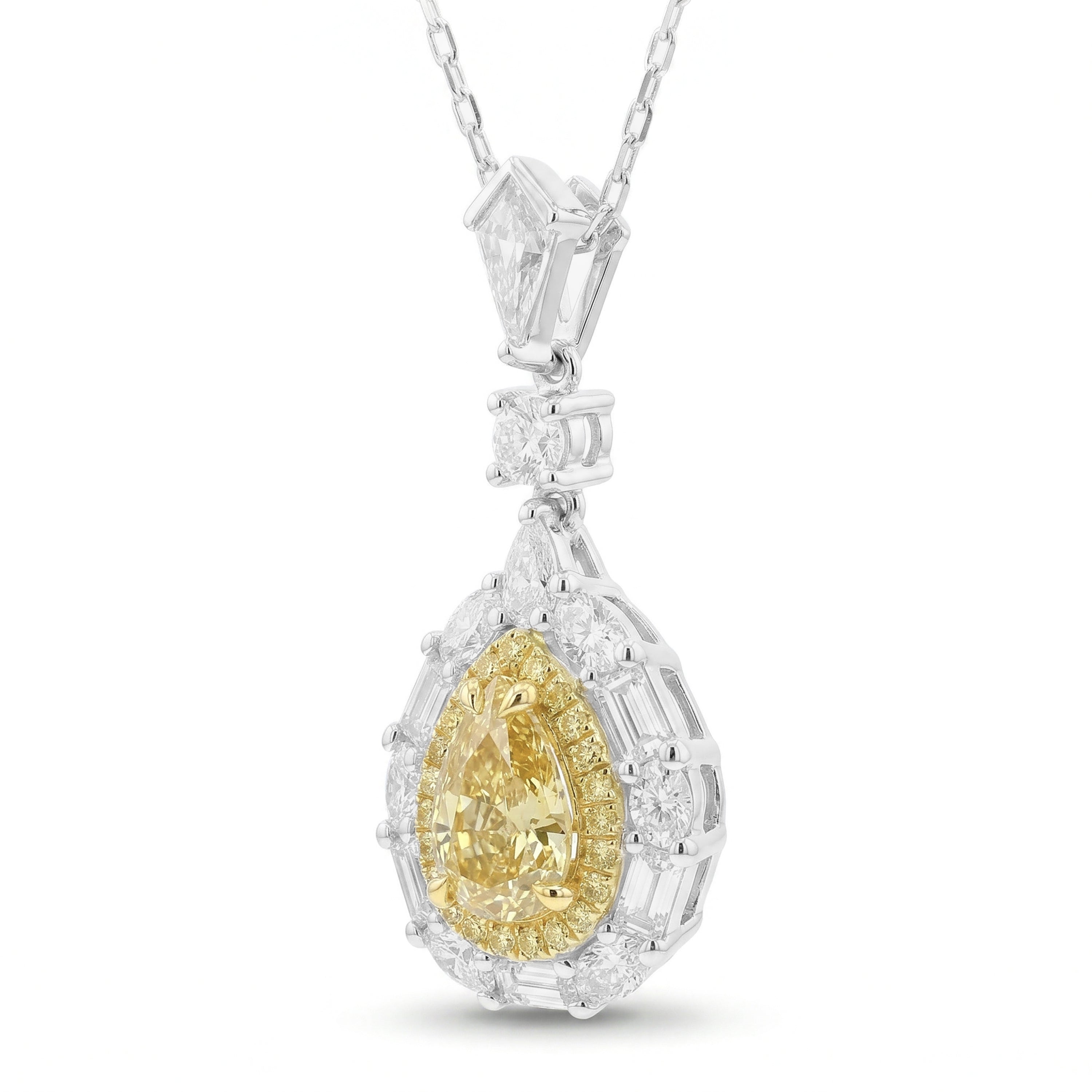 Natural Yellow Pear & Kite Diamond Halo Pendant | GIA Certified