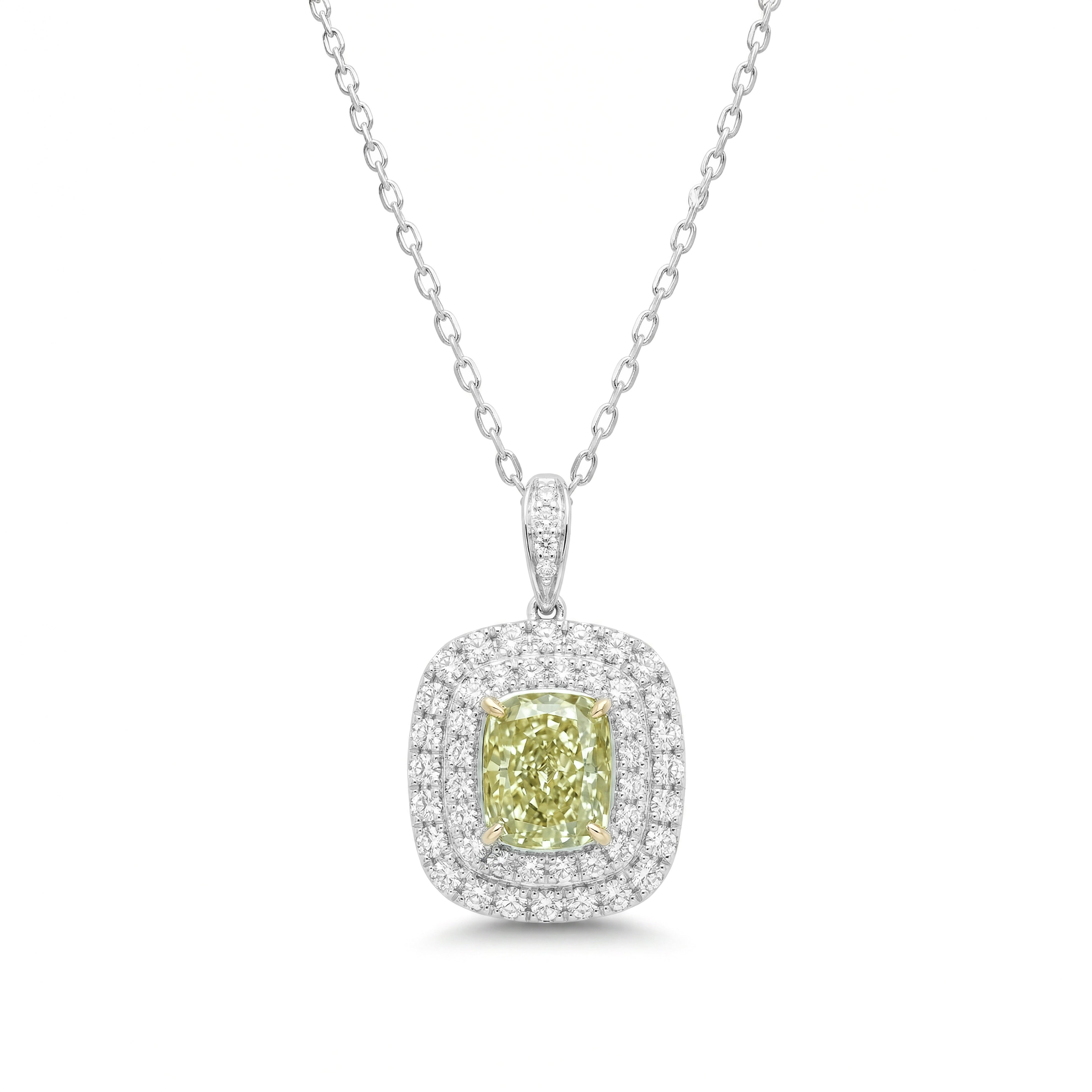 Natural Green Cushion Diamond Halo Pendant | GIA Certified
