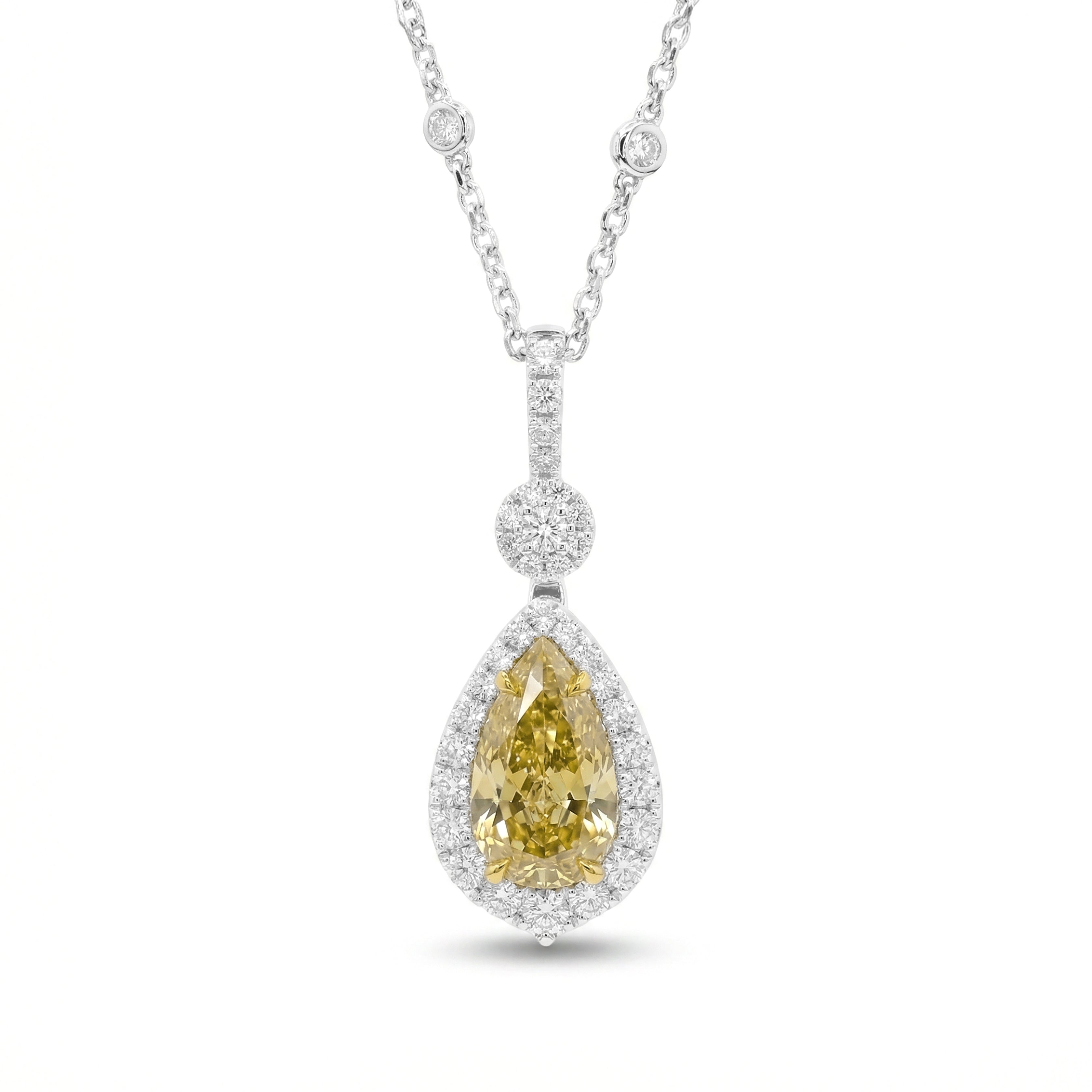 Natural Yellow Pear Diamond Halo Drop Pendant | GIA Certified