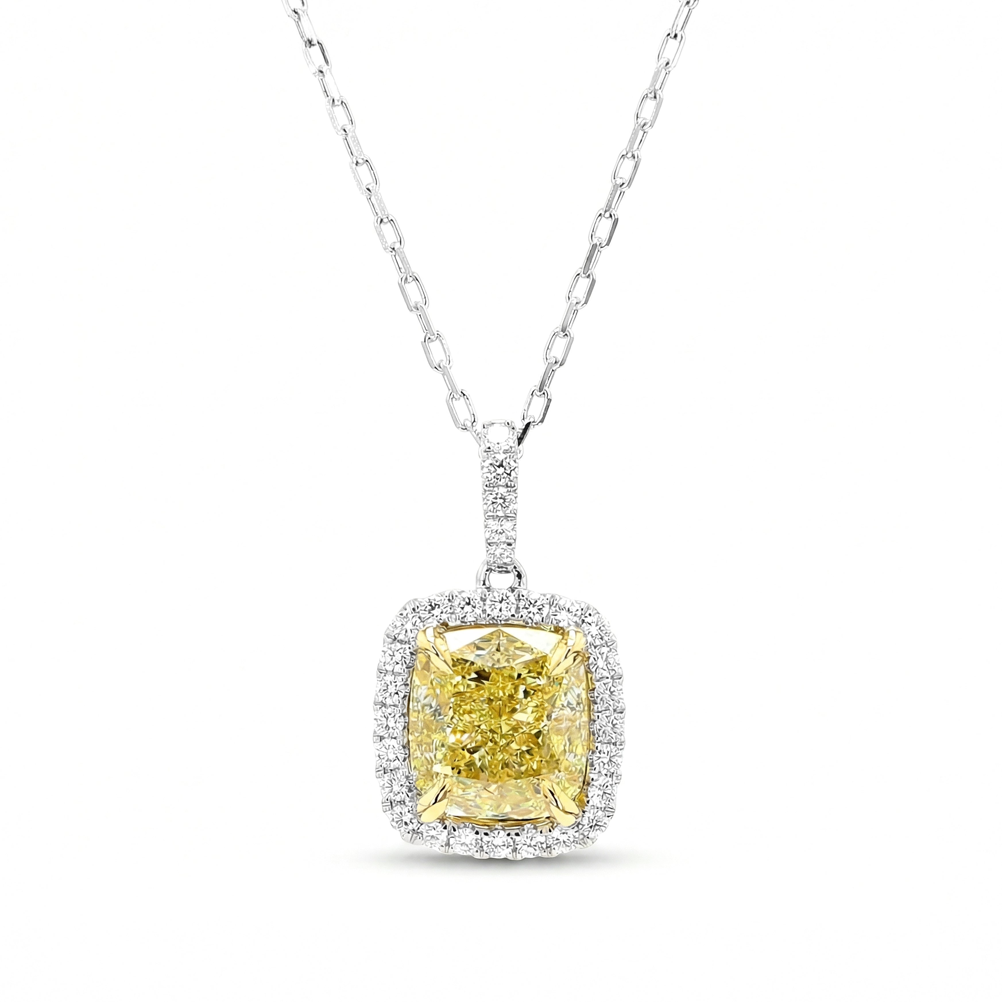 Natural Yellow Cushion Diamond Halo Pendant | GIA Certified