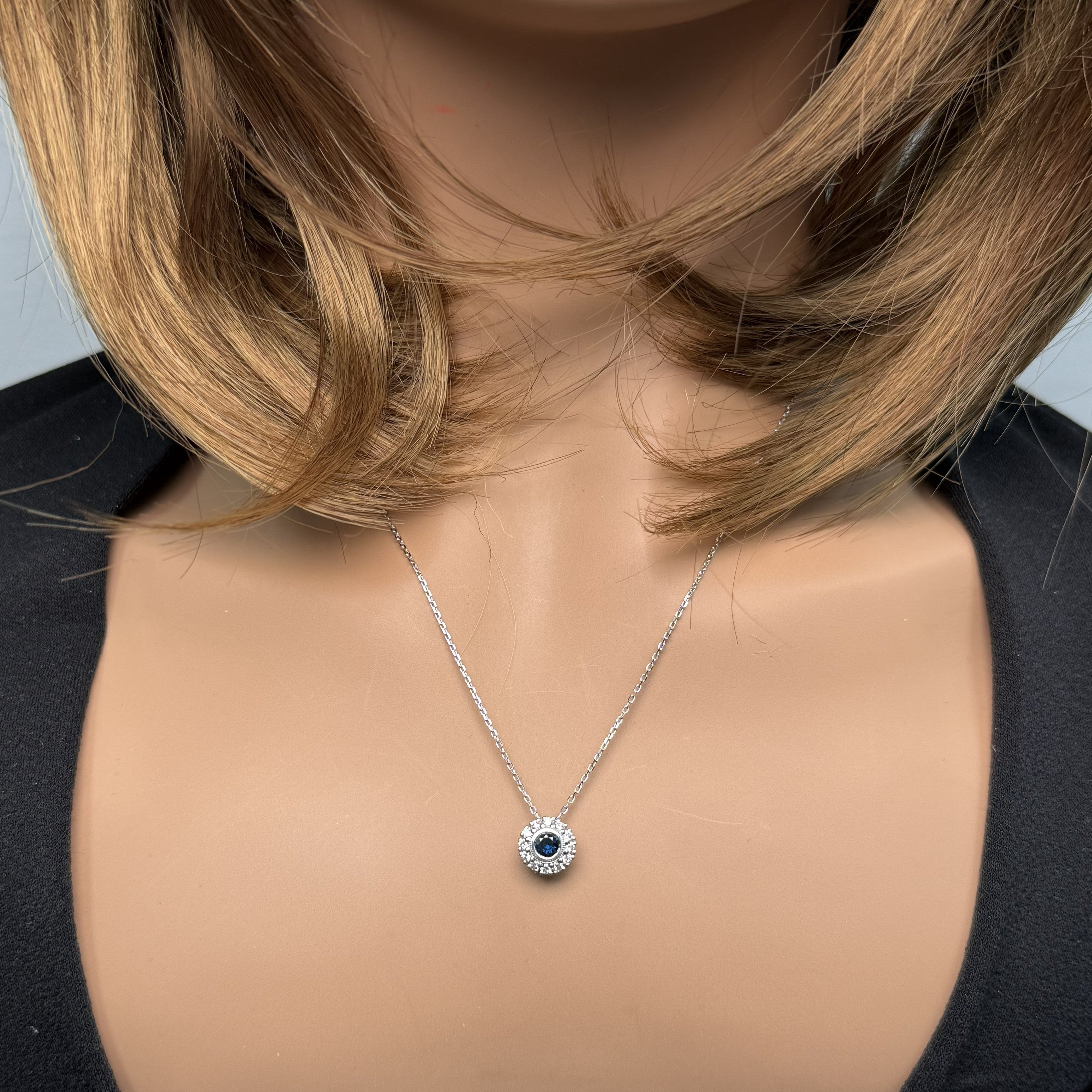 Natural Blue Round Sapphire & Diamond Pendant