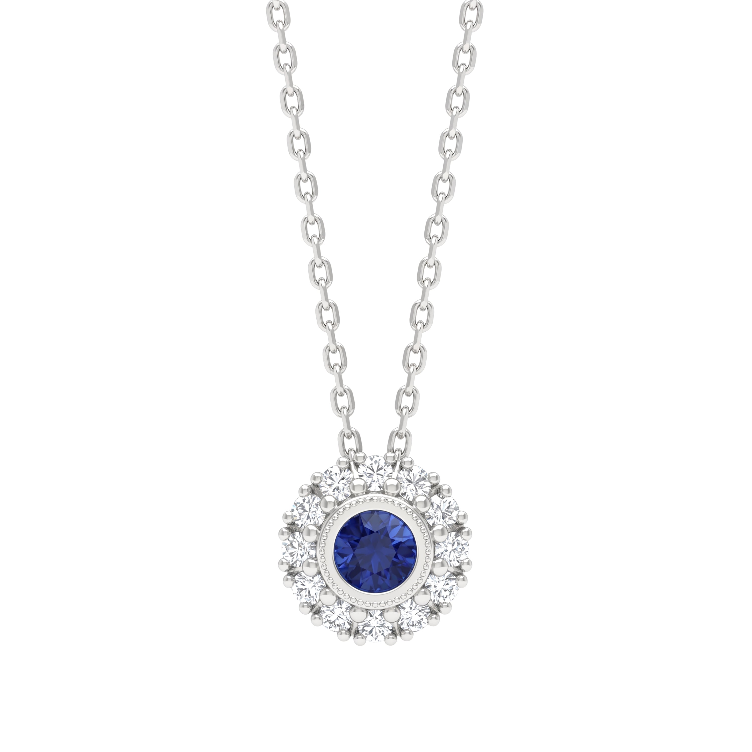 Natural Sapphire & Diamond Bezel Halo Pendant