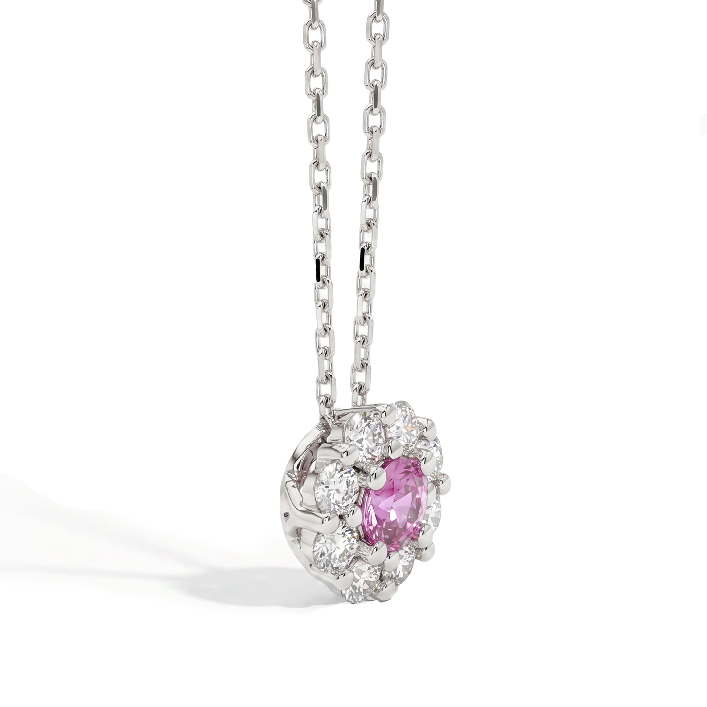 Natural Pink Sapphire & Diamond Halo Pendant
