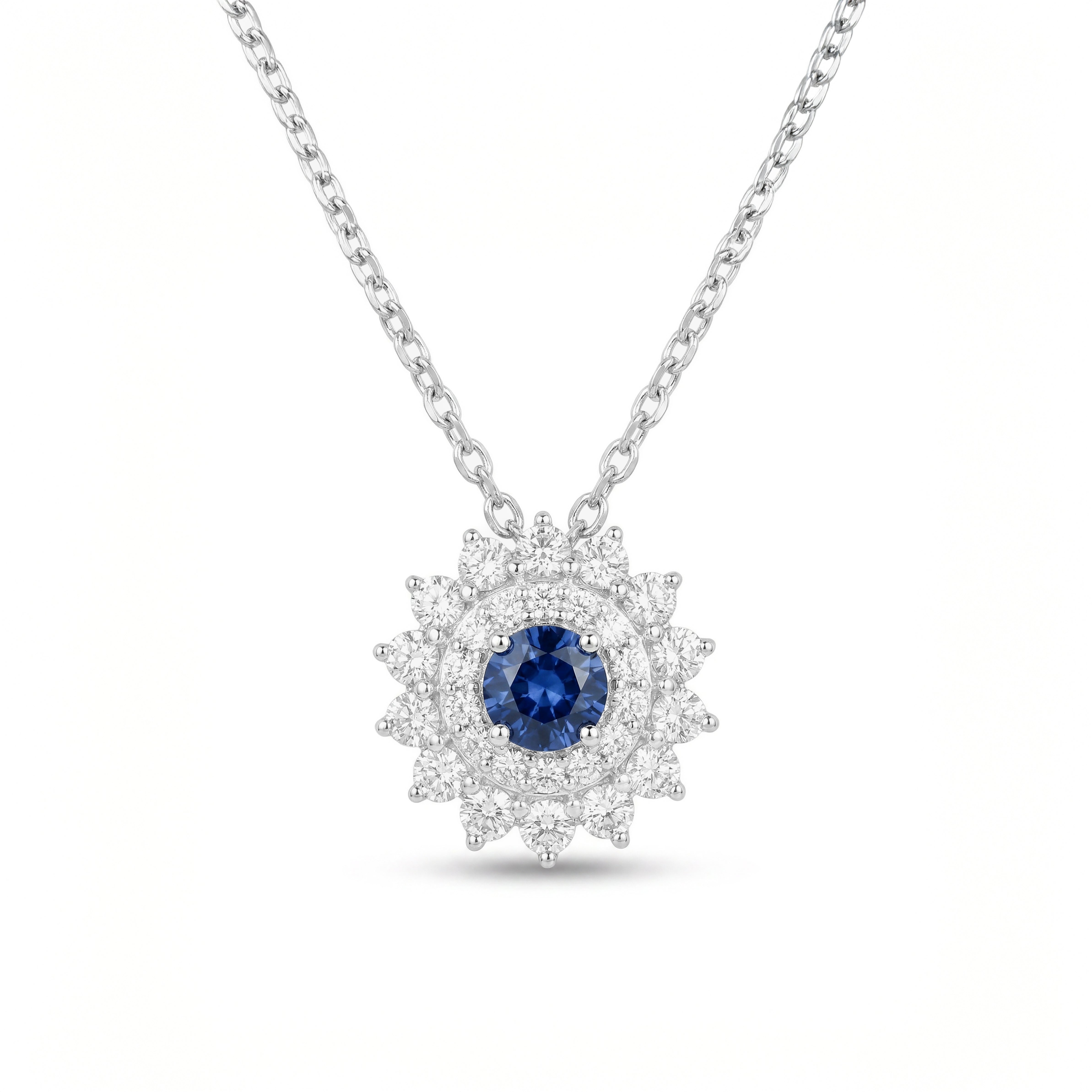 Natural Sapphire & Diamond Double Halo Pendant
