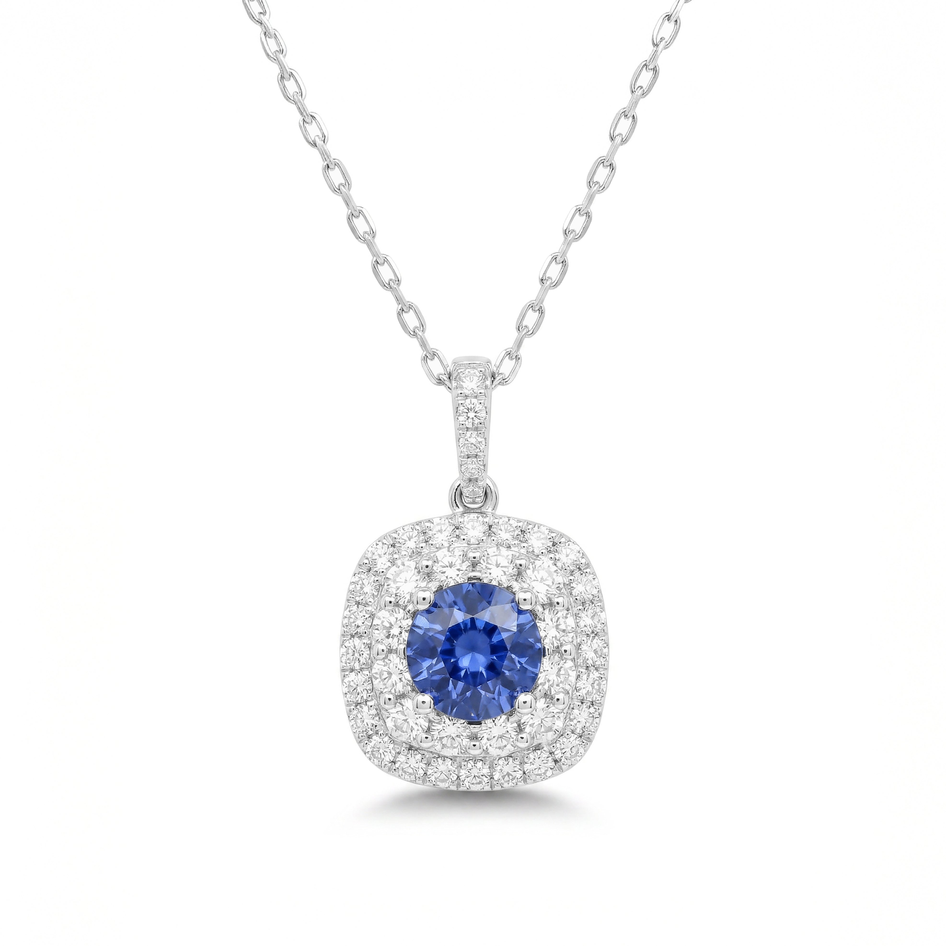 Natural Round Sapphire & Diamond Halo Pendant