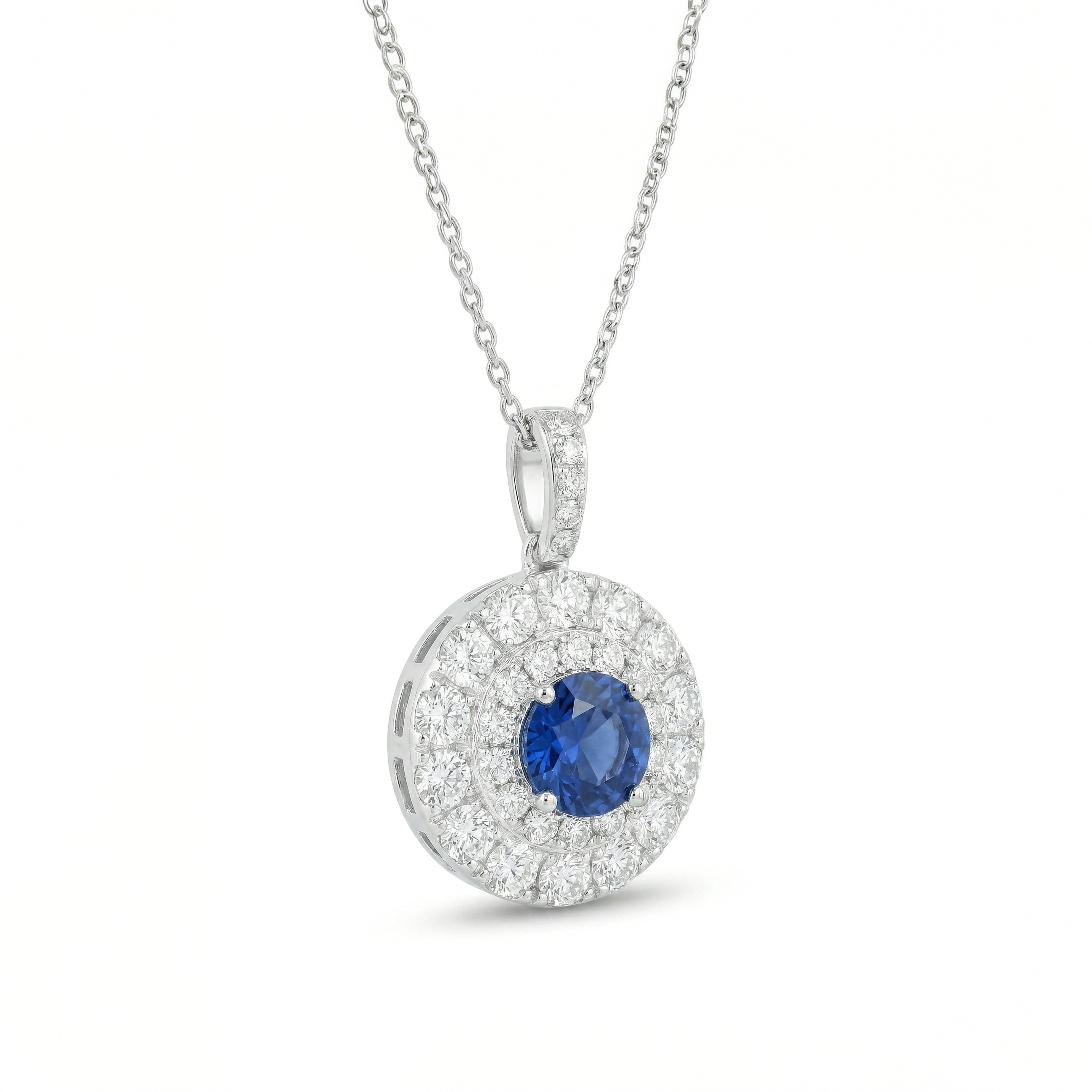 Natural Round Sapphire & Diamond Halo Pendant