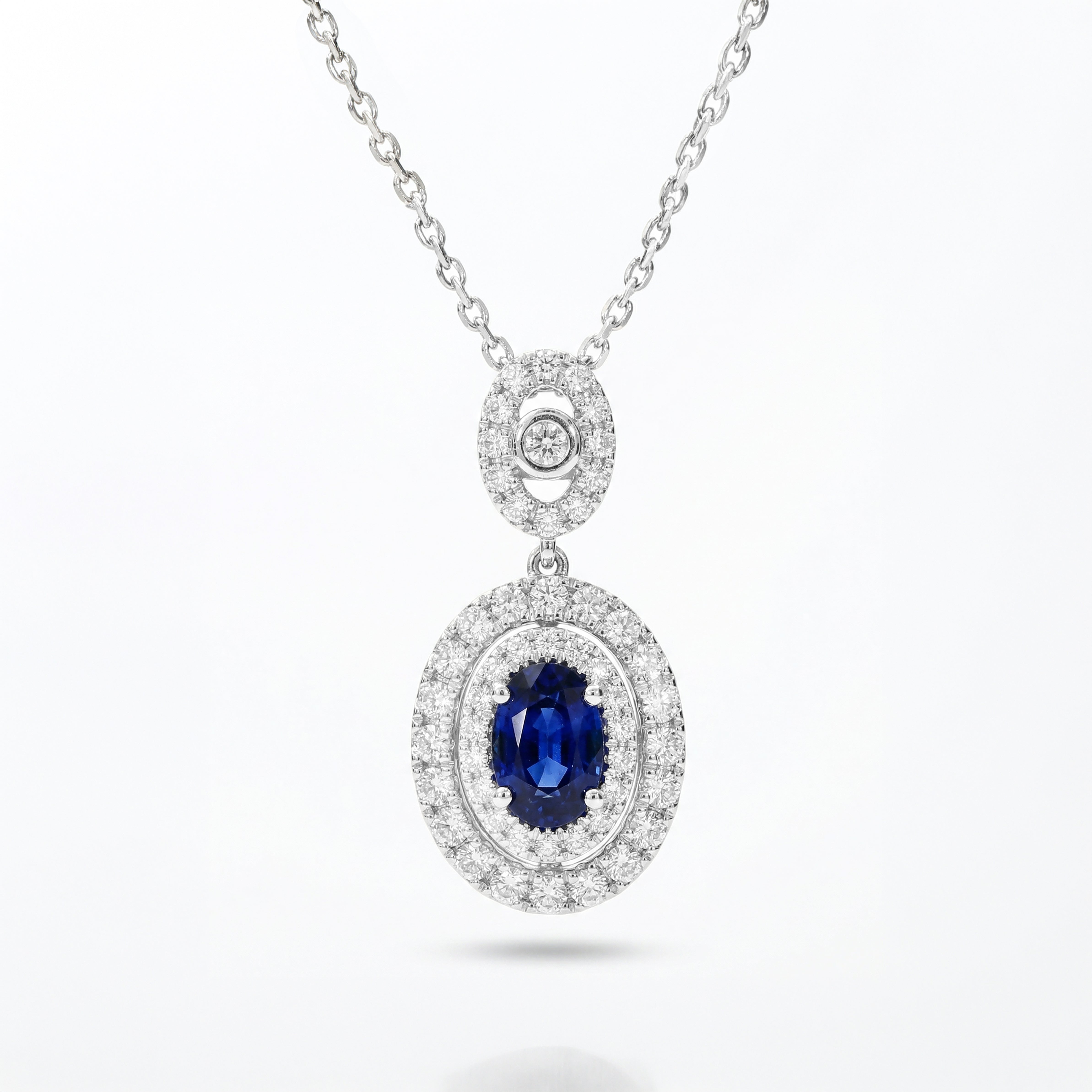 Natural Oval Sapphire & Diamond Halo Drop Pendant