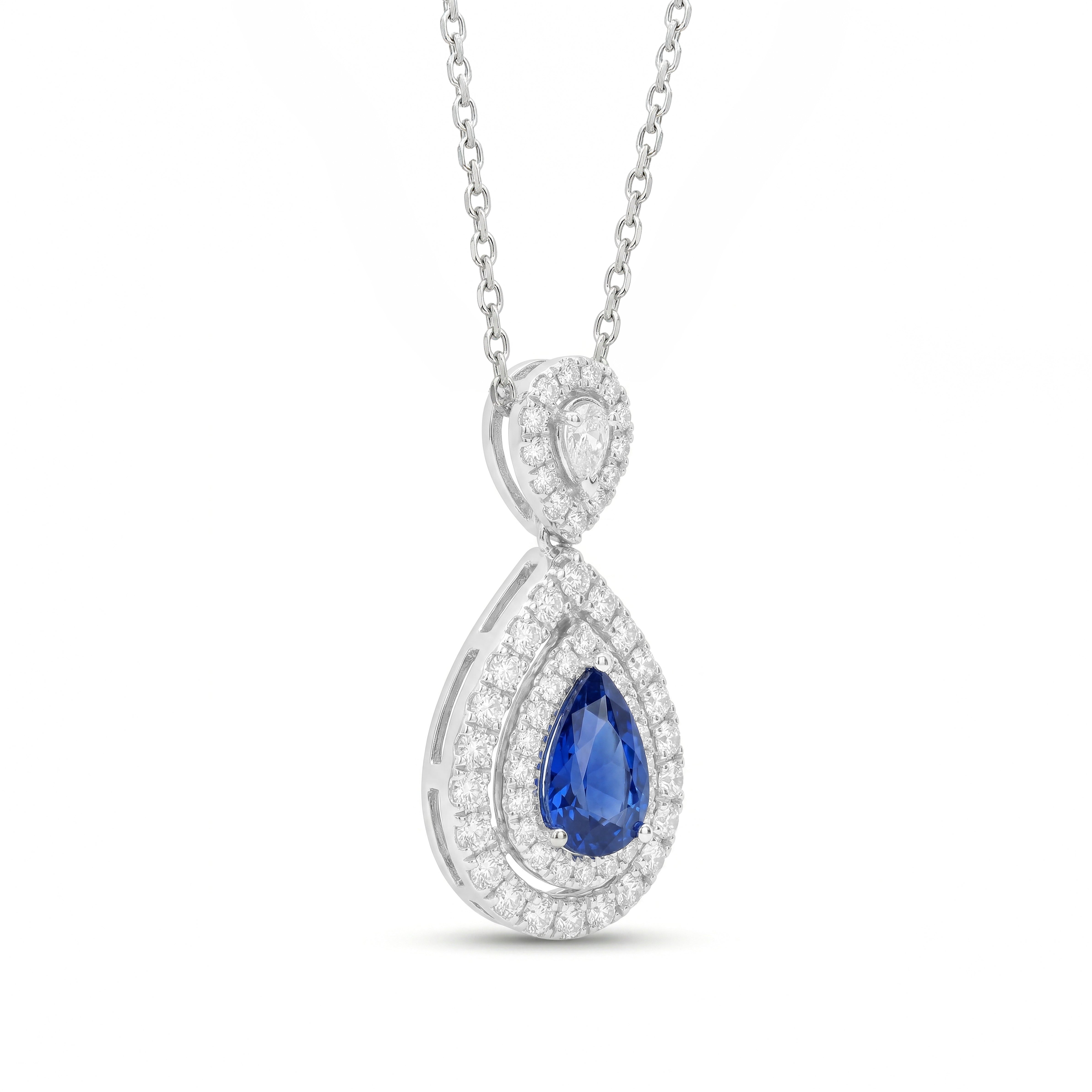 Natural Pear Sapphire & Diamond Halo Drop Pendant