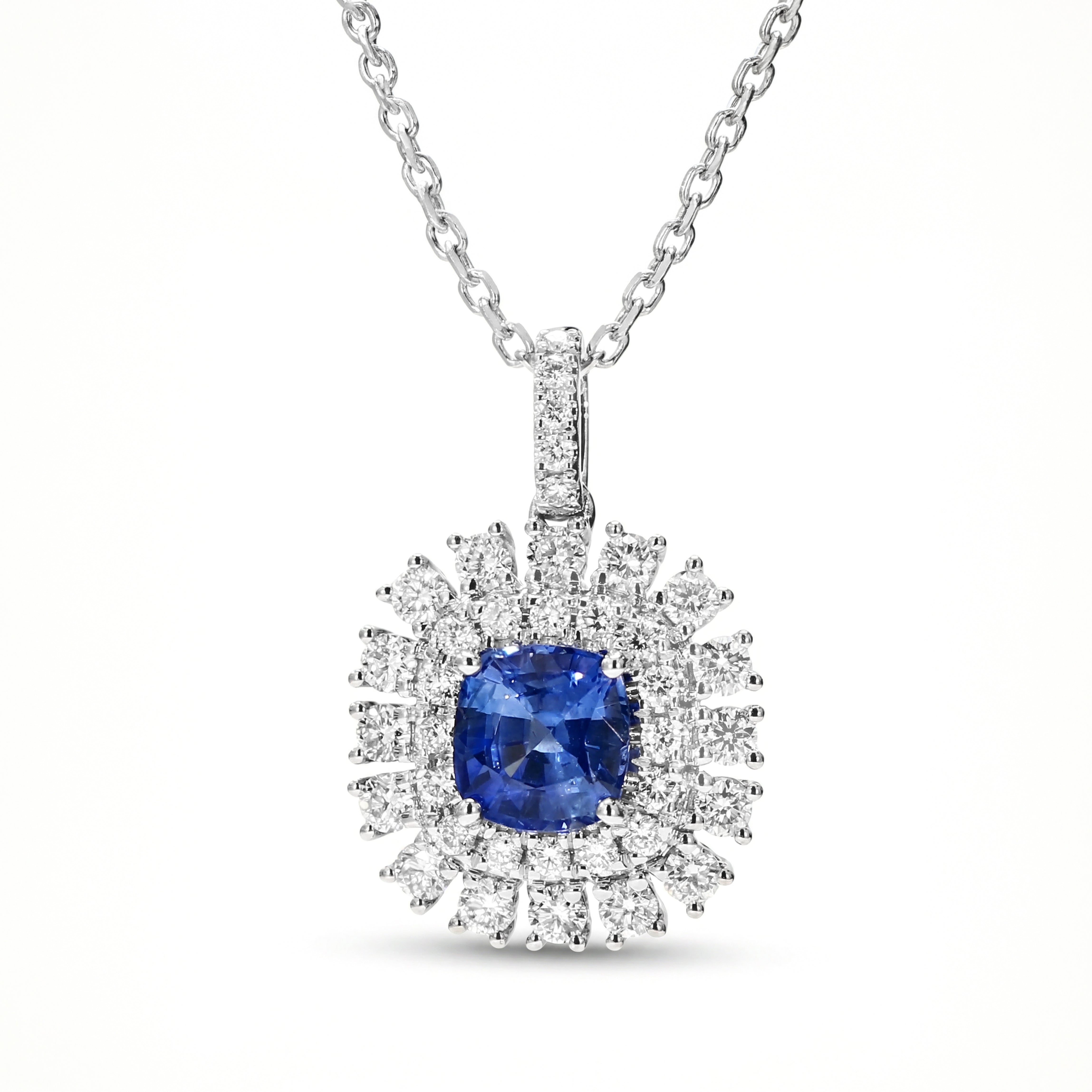 Natural Cushion Sapphire & Diamond Halo Pendant