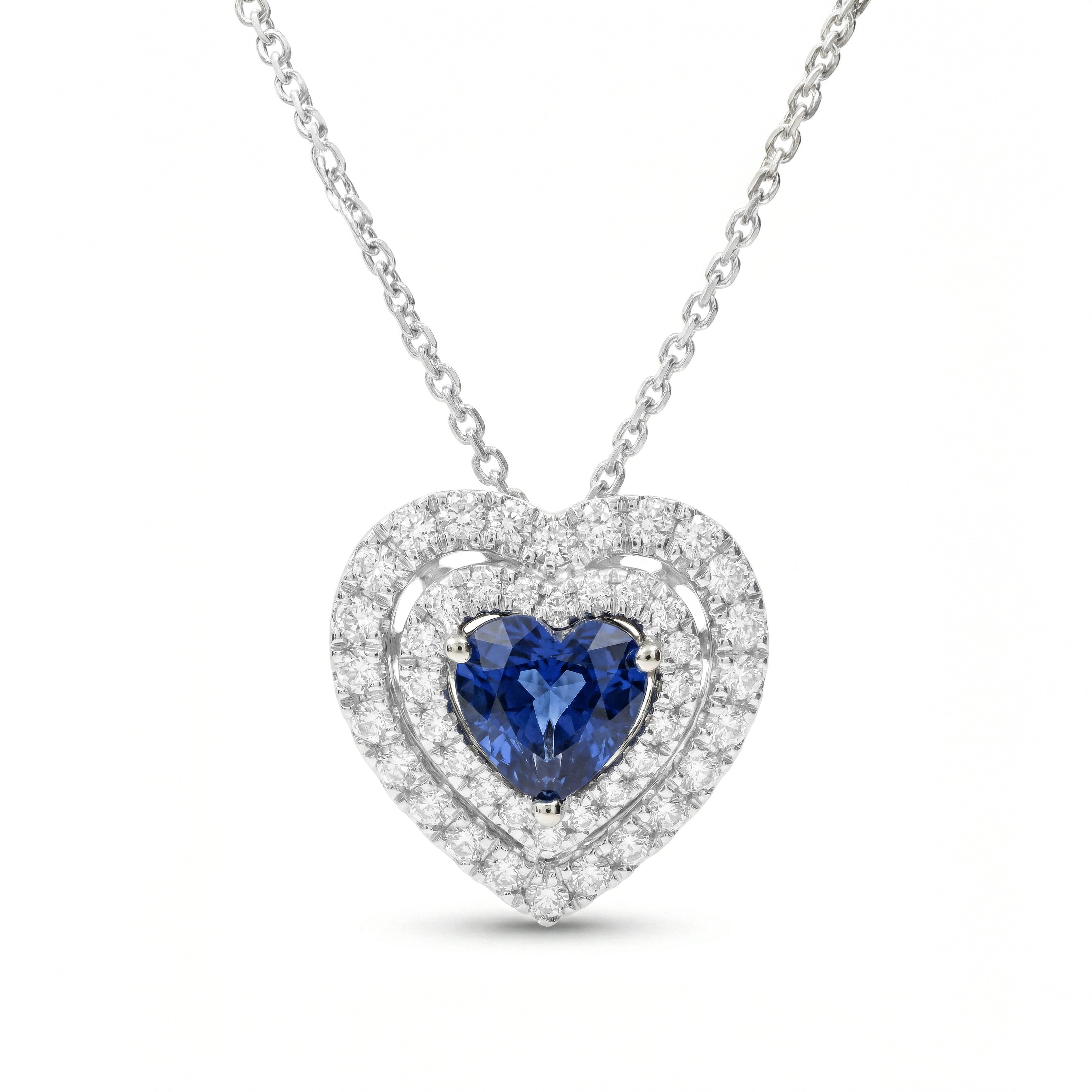 Natural Heart Sapphire & Diamond Double Halo Pendant