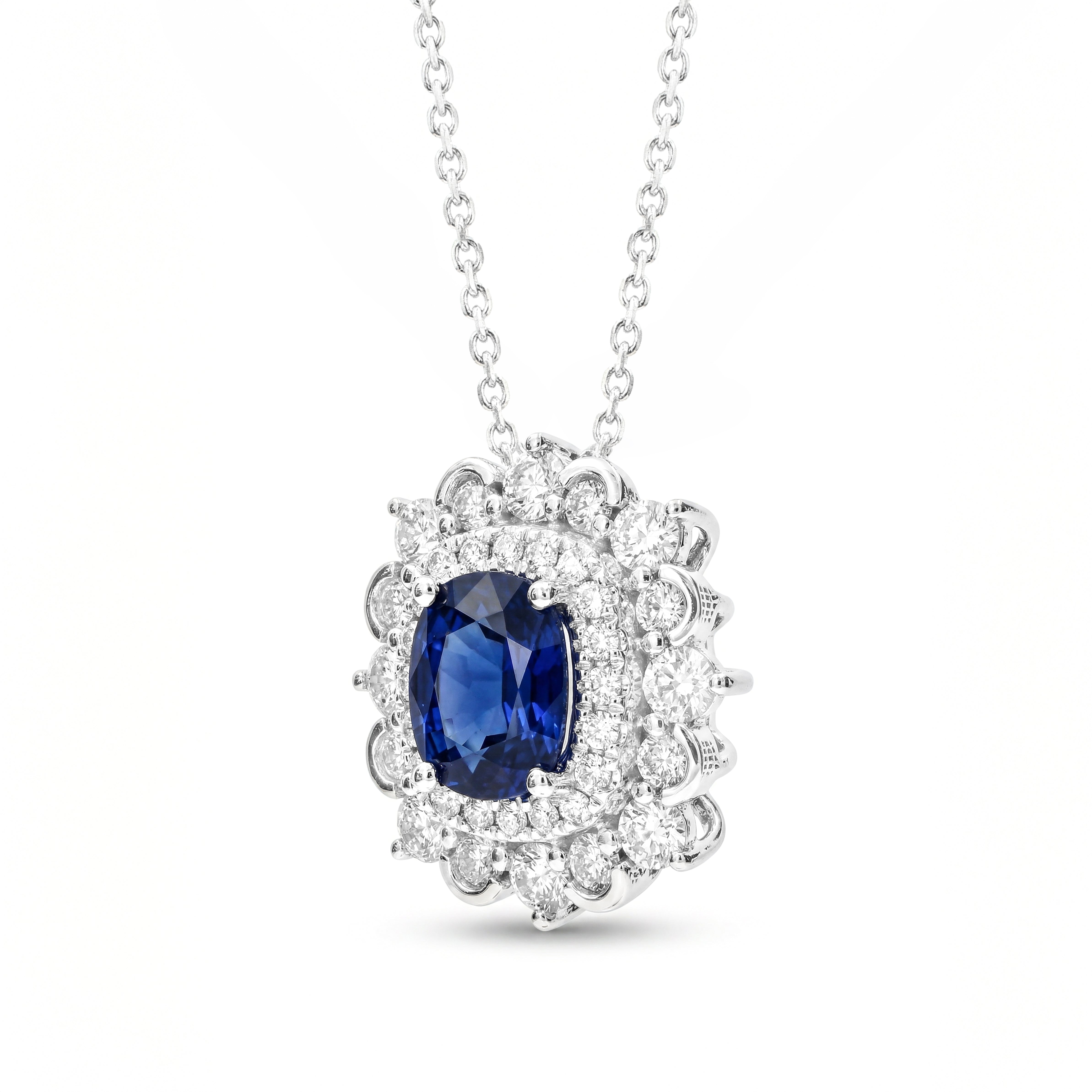 Natural Cushion Sapphire & Diamond Halo Pendant